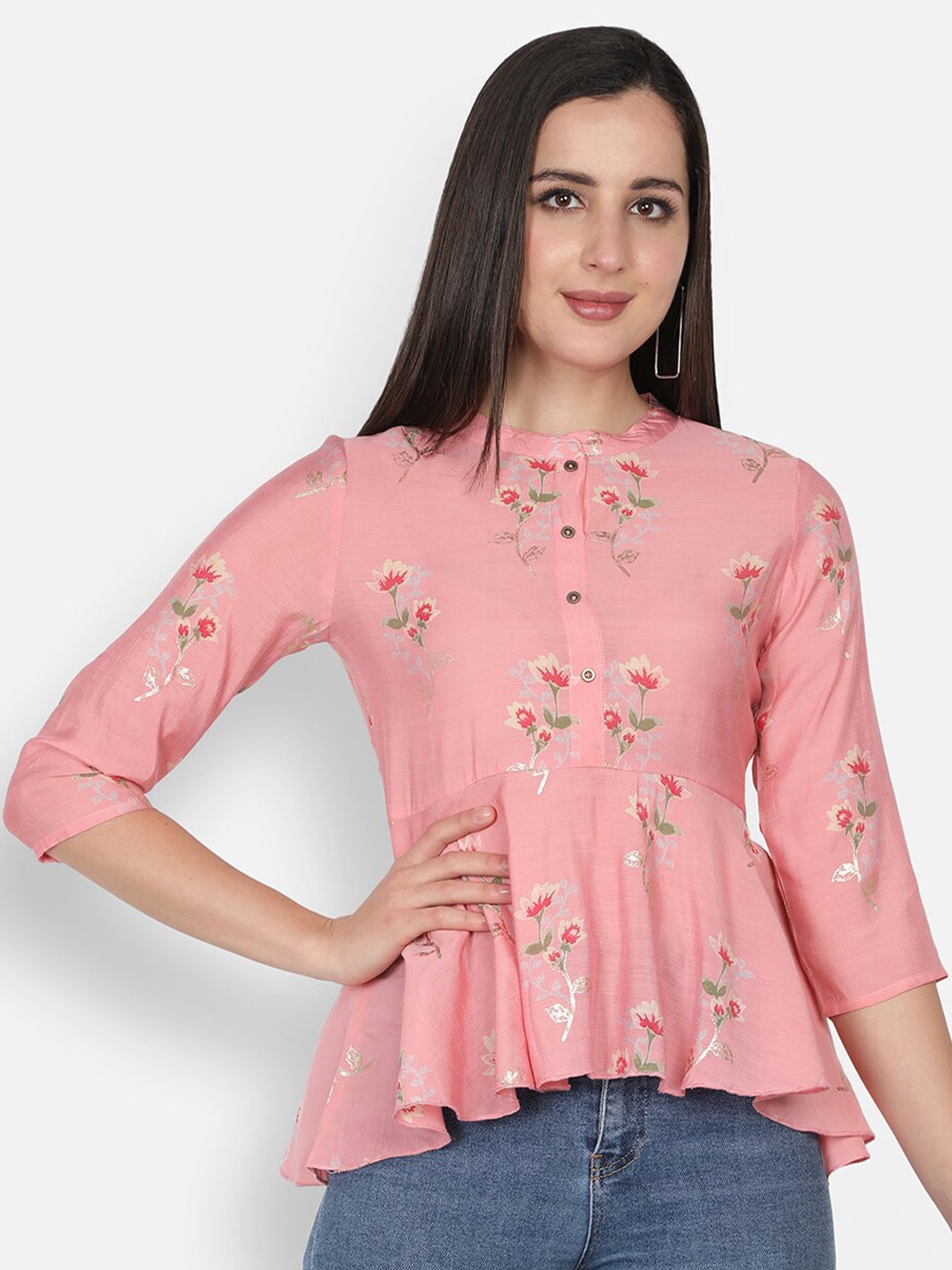 

TRISHLA INDIA Women Pink Floral Print Mandarin Collar Peplum Top