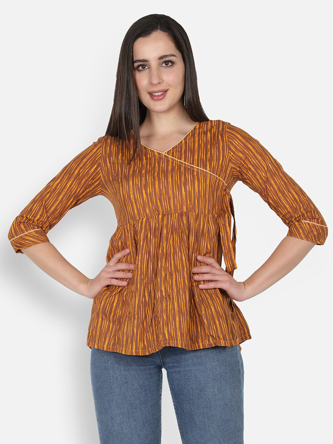 

TRISHLA INDIA Women Yellow Print Cotton Empire Top