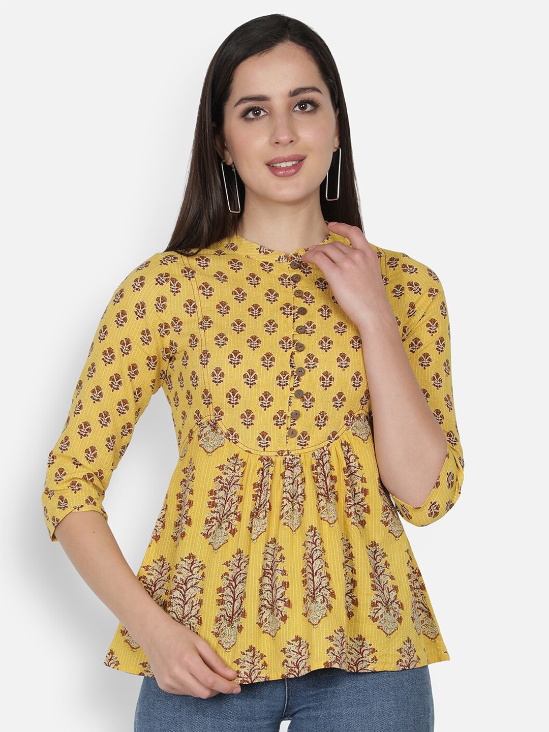 

TRISHLA INDIA Yellow & Maroon Print Mandarin Collar Top