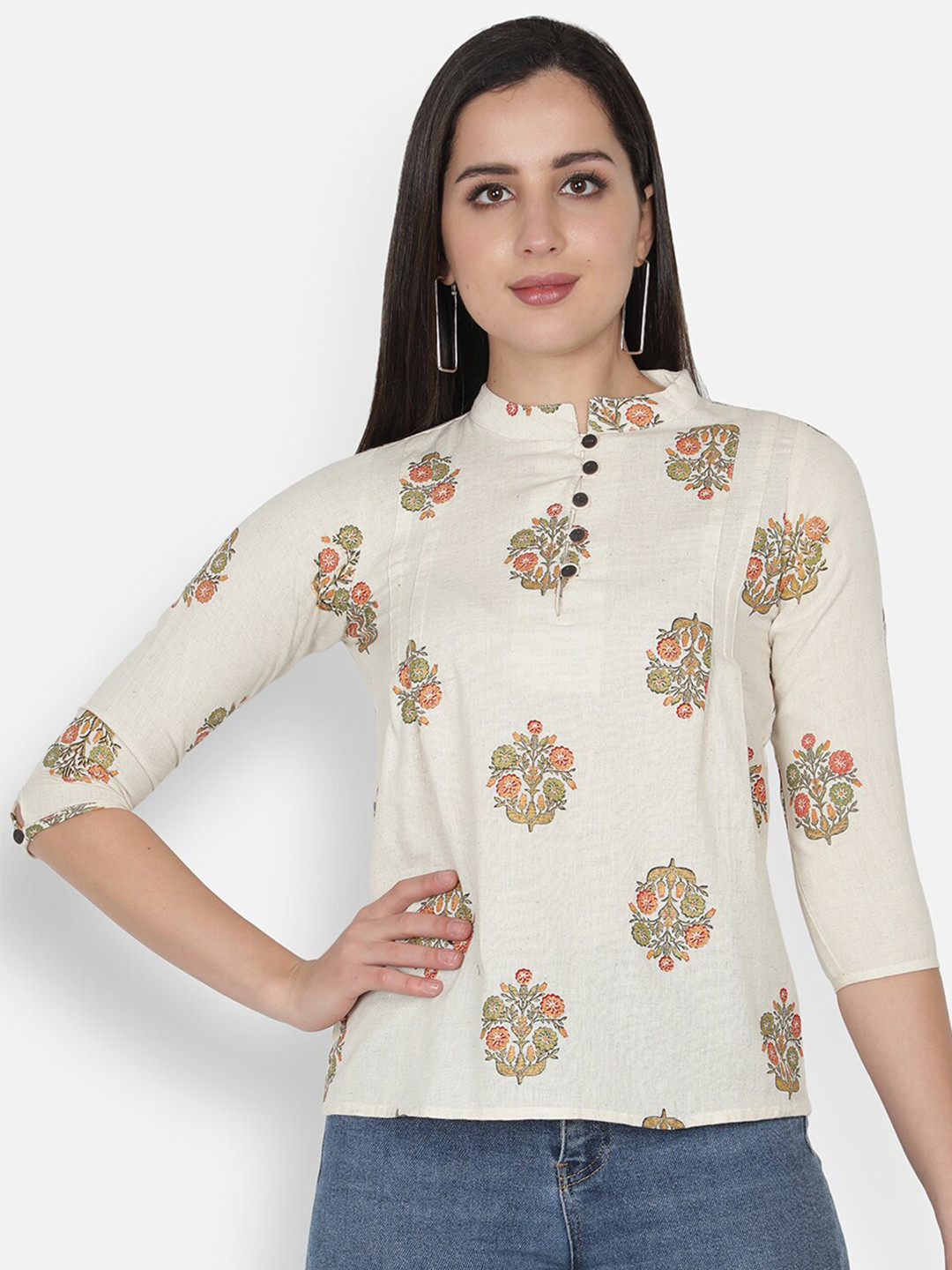 

TRISHLA INDIA Cream-Coloured Floral Print Mandarin Collar Top