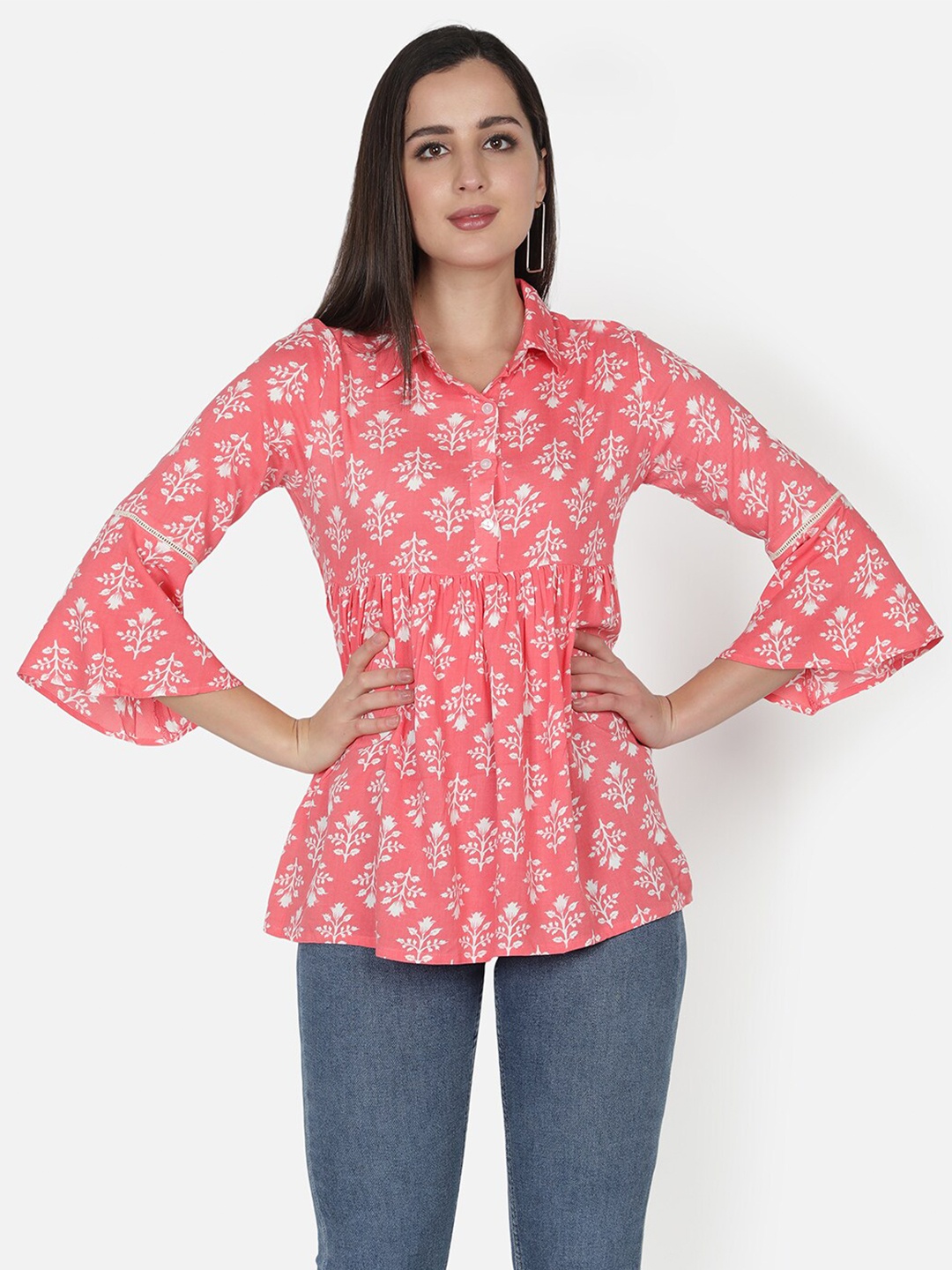 

TRISHLA INDIA Peach-Coloured Floral Print Peplum Top