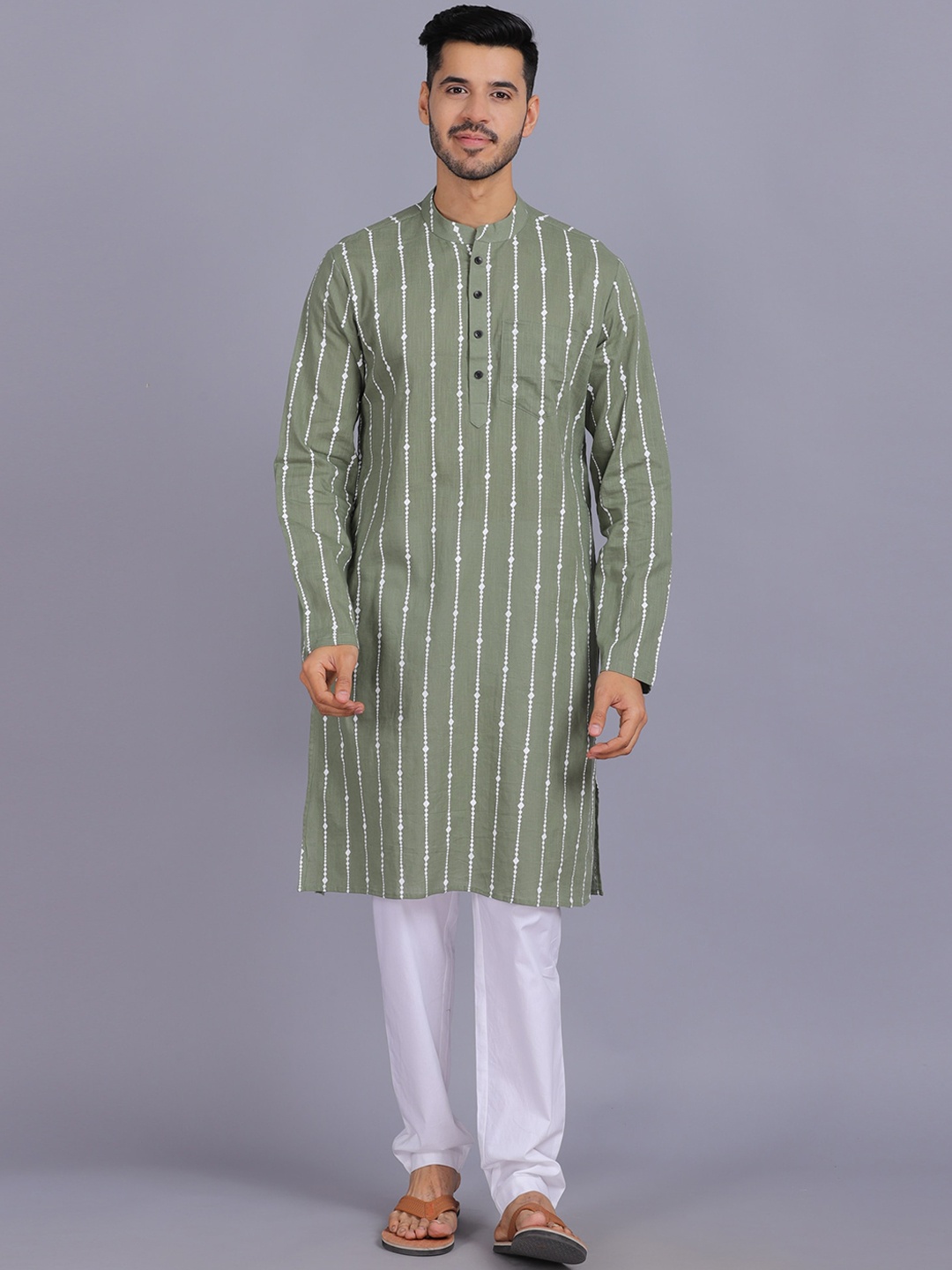 

Waahiba Men Olive Green Striped Kurta with Pyjamas