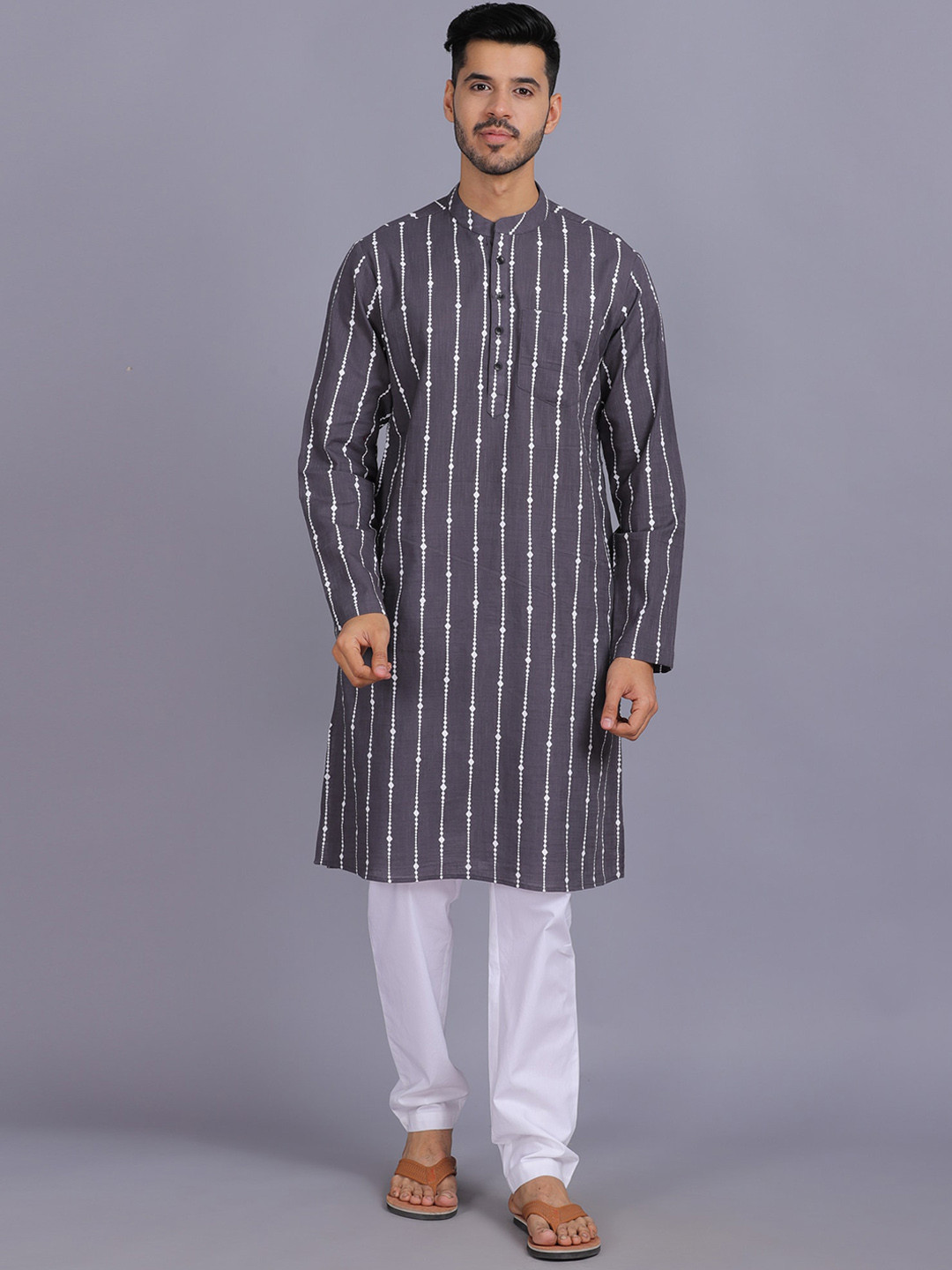 

Waahiba Men Grey Striped Angrakha Kurta with Churidar