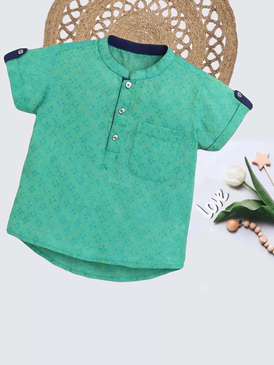 

The Magic Wand Boys Green Geometric Dobby Kurta