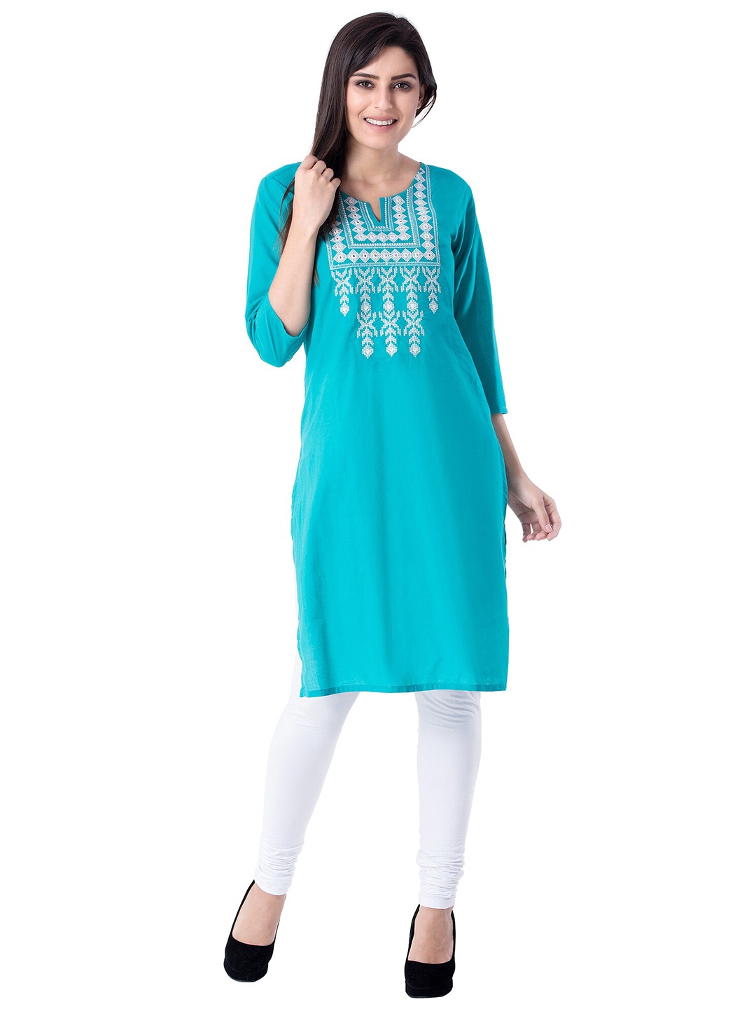 

Ksharaa Women Turquoise Blue & White Geometric Yoke Design Thread Work Straight Kurta