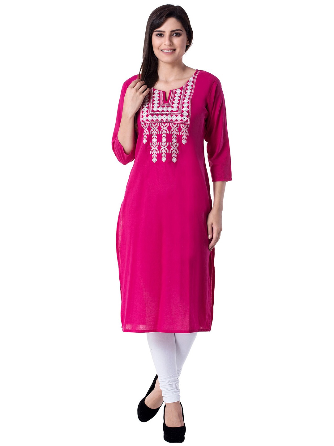

Ksharaa Women Pink & White Geometric Embroidered Kurta