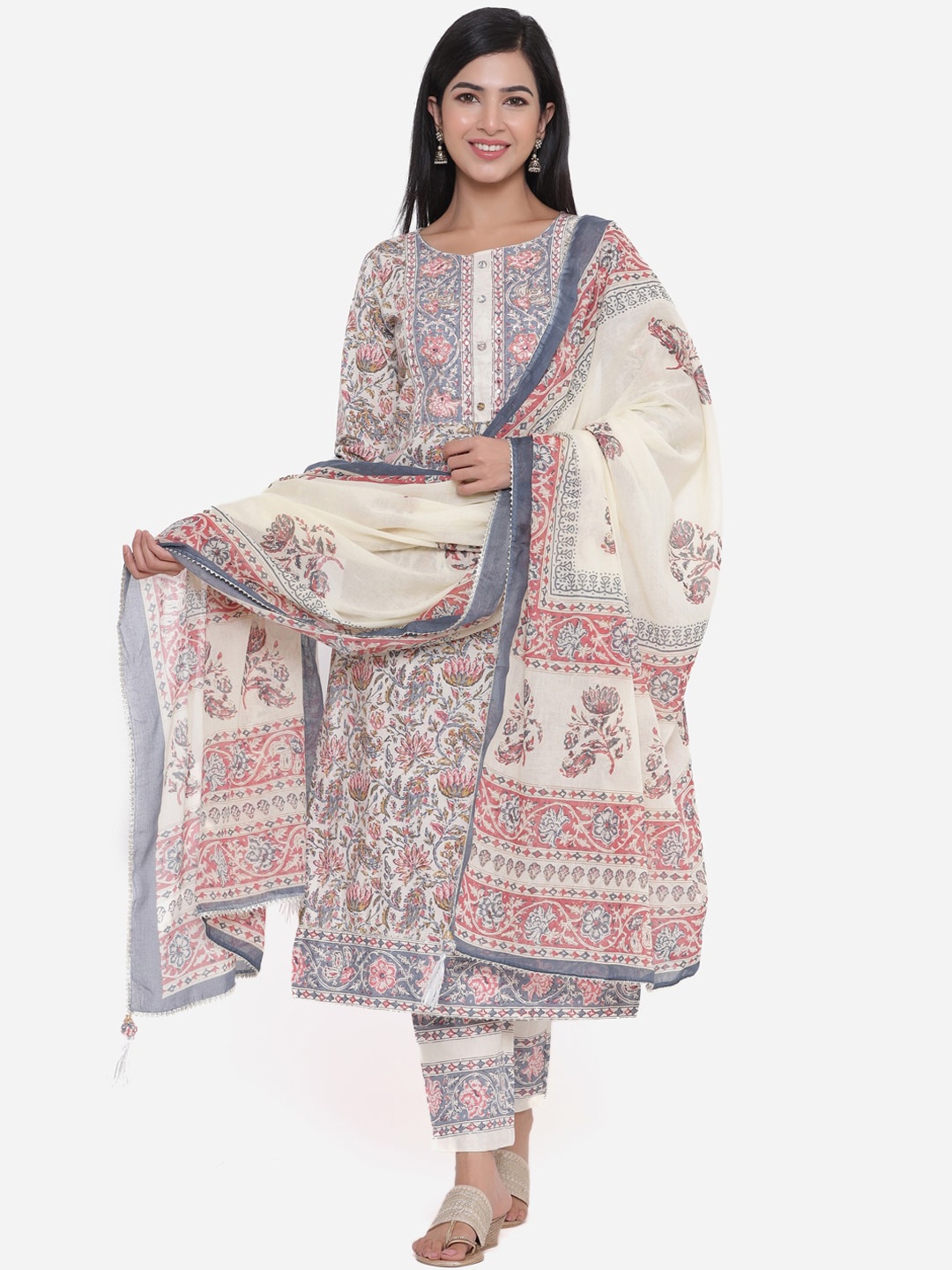 

CHRISTEENA Women Beige Floral Printed Pure Cotton Kurta with Trousers & Dupatta
