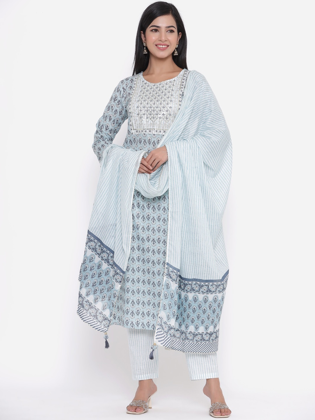 

CHRISTEENA Women Blue Floral Printed Pure Cotton Kurta with Trouser & With Dupatta