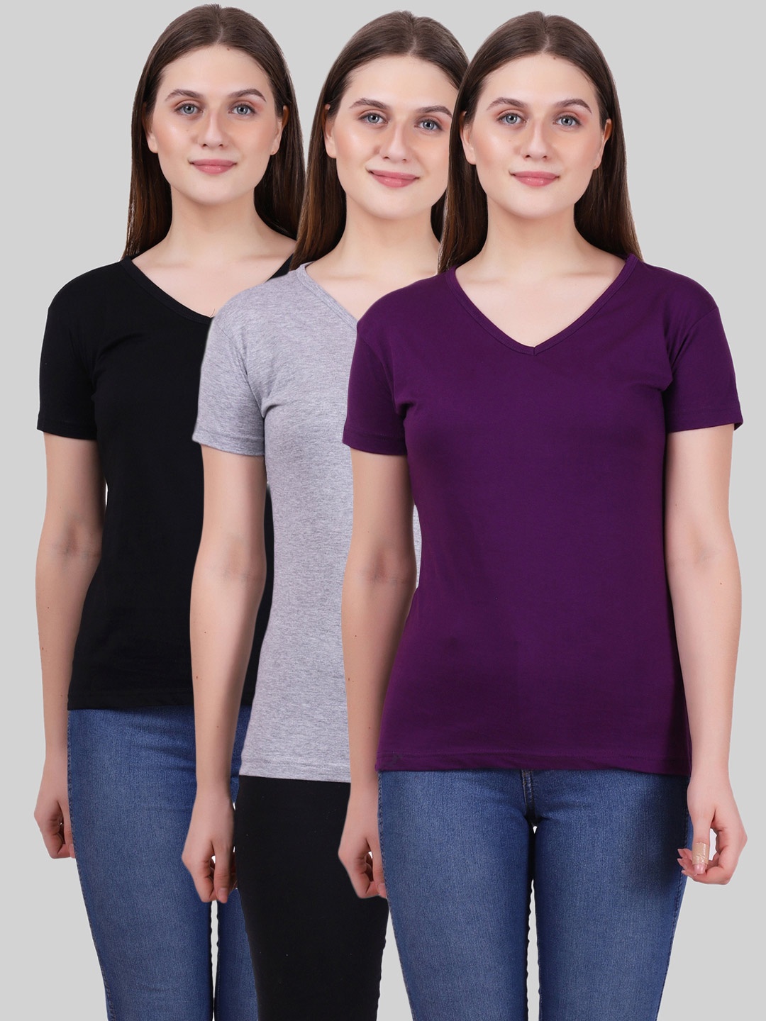 

Fleximaa Women Pack Of 3 Solid T-shirts, Black