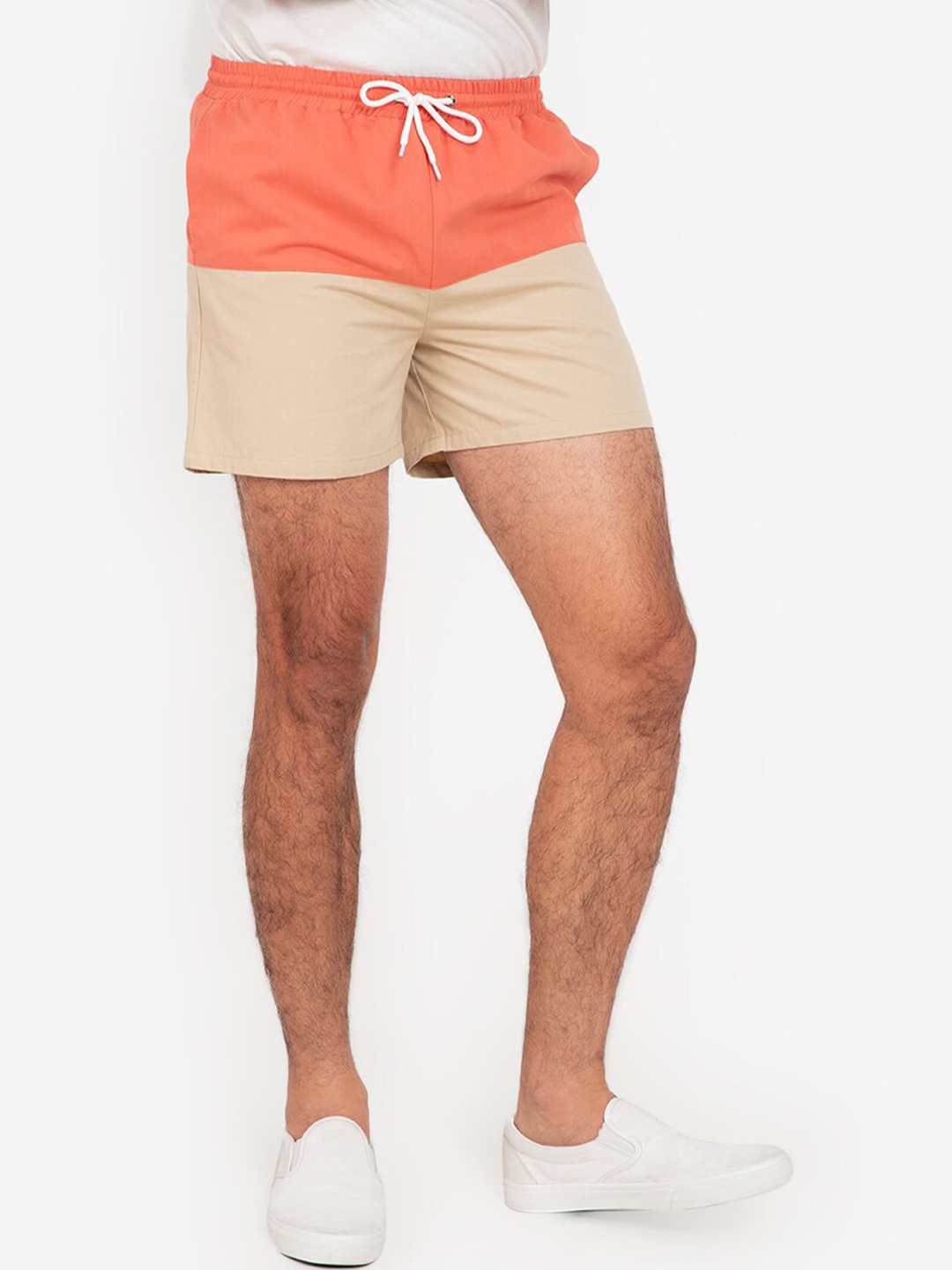

ZALORA BASICS Men Orange & Beige Regular Fit Colourblocked Shorts