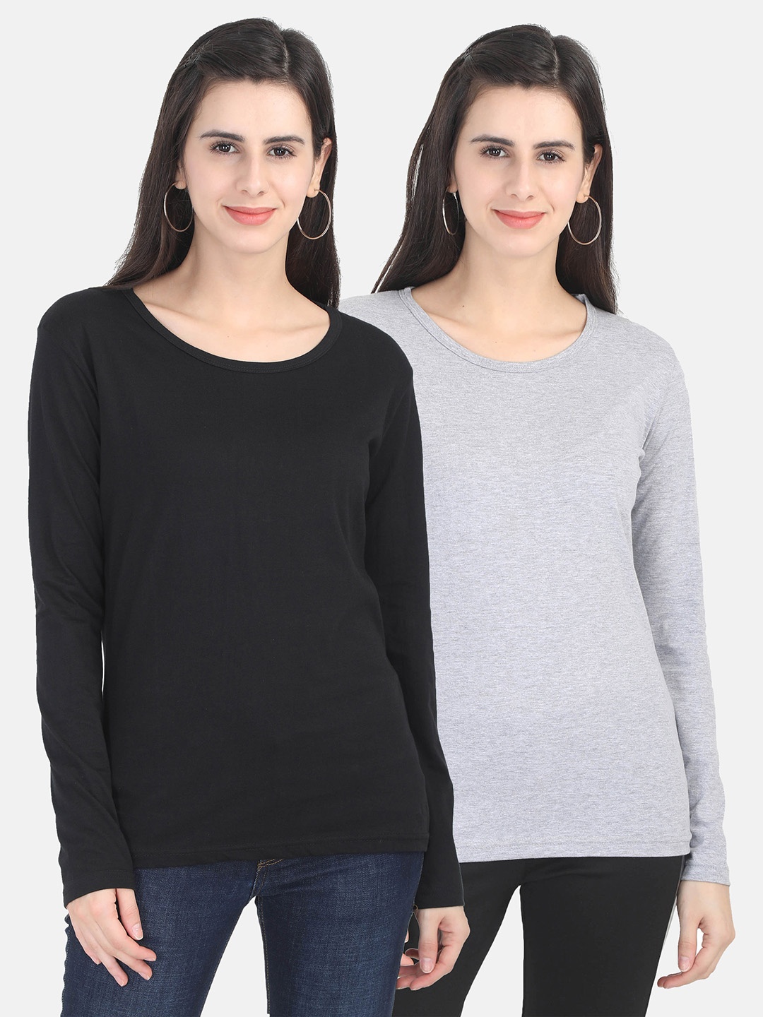 

Fleximaa Women Black & Grey Melange Set Of 2 Cotton T-shirt