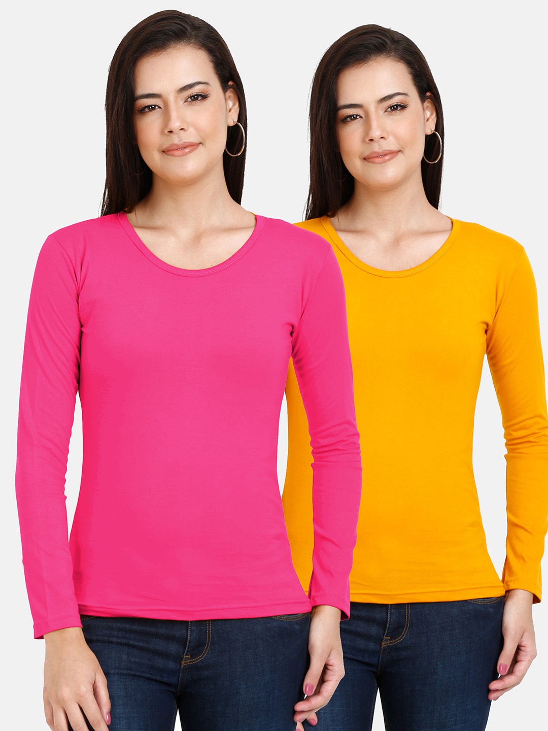 

Fleximaa Women Pink & Mustard Yellow Pack of 2 Cotton T-shirt