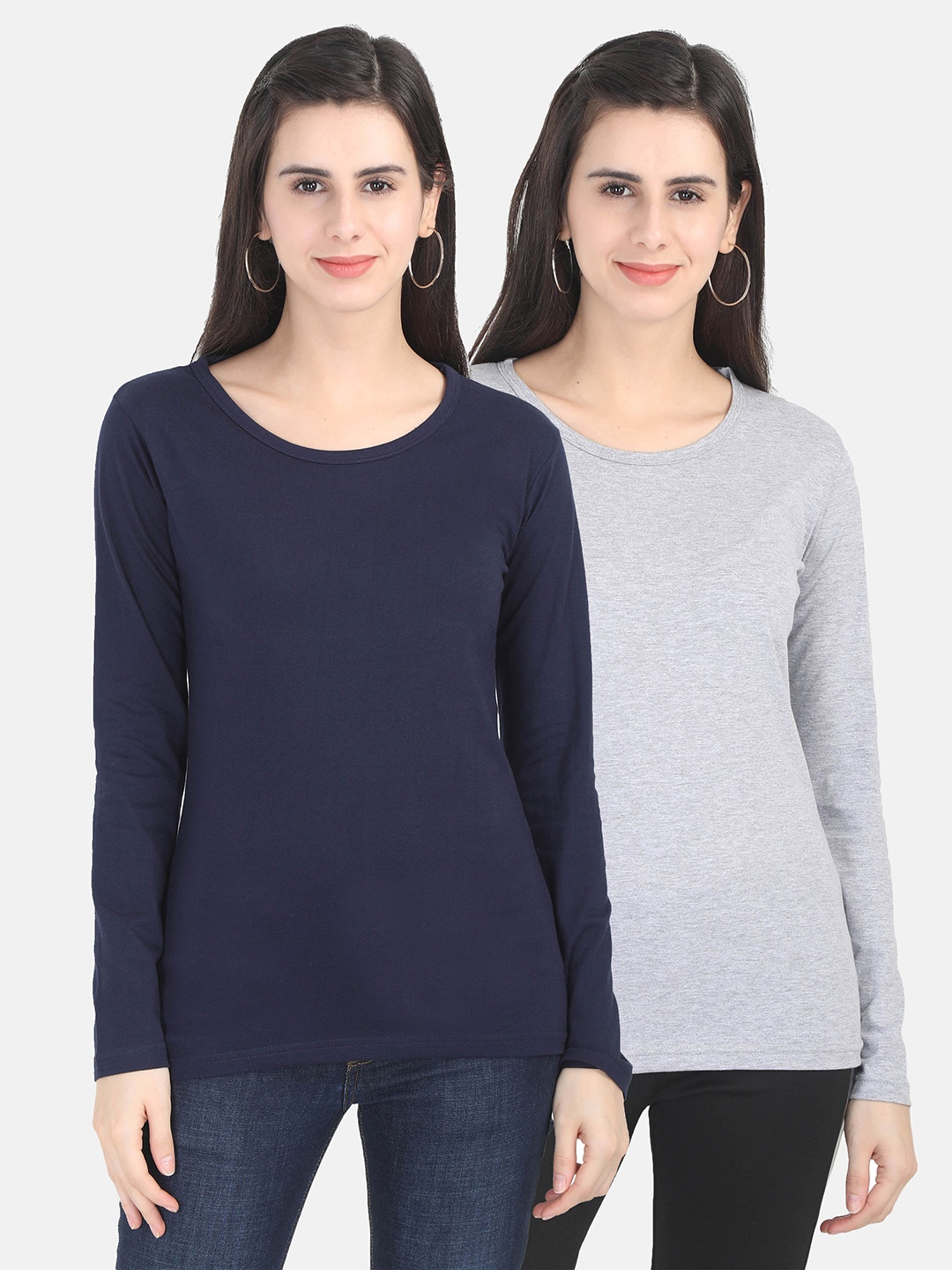 

Fleximaa Women Navy Blue & Grey Pack of 2 Cotton T-shirt