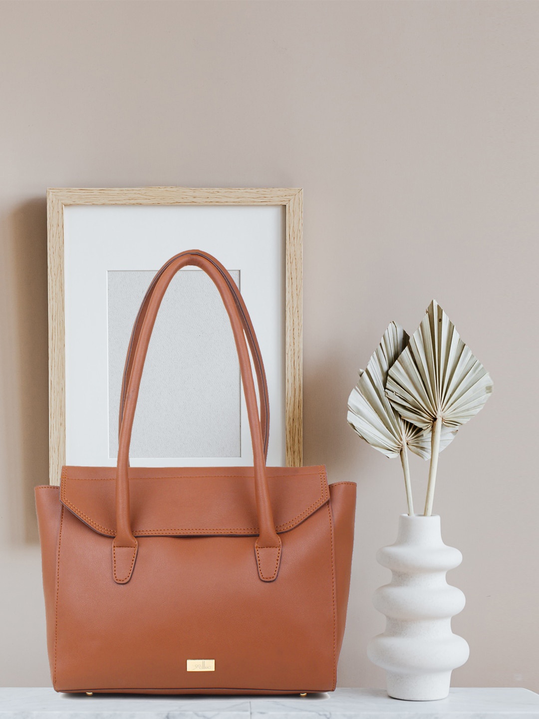 

yelloe Tan Structured Handheld Bag