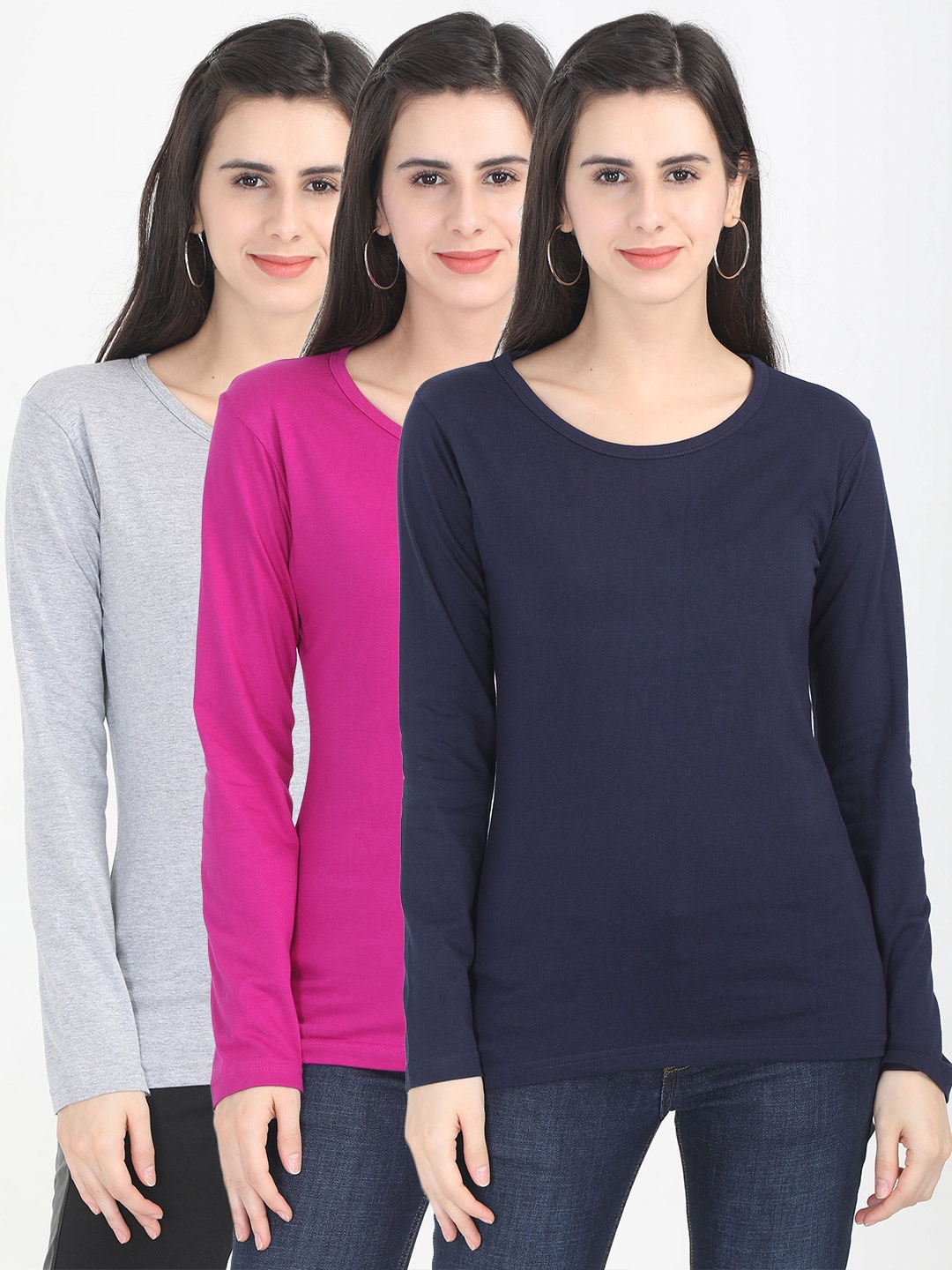 

Fleximaa Women Grey & Magenta Pack of 3 T-shirt