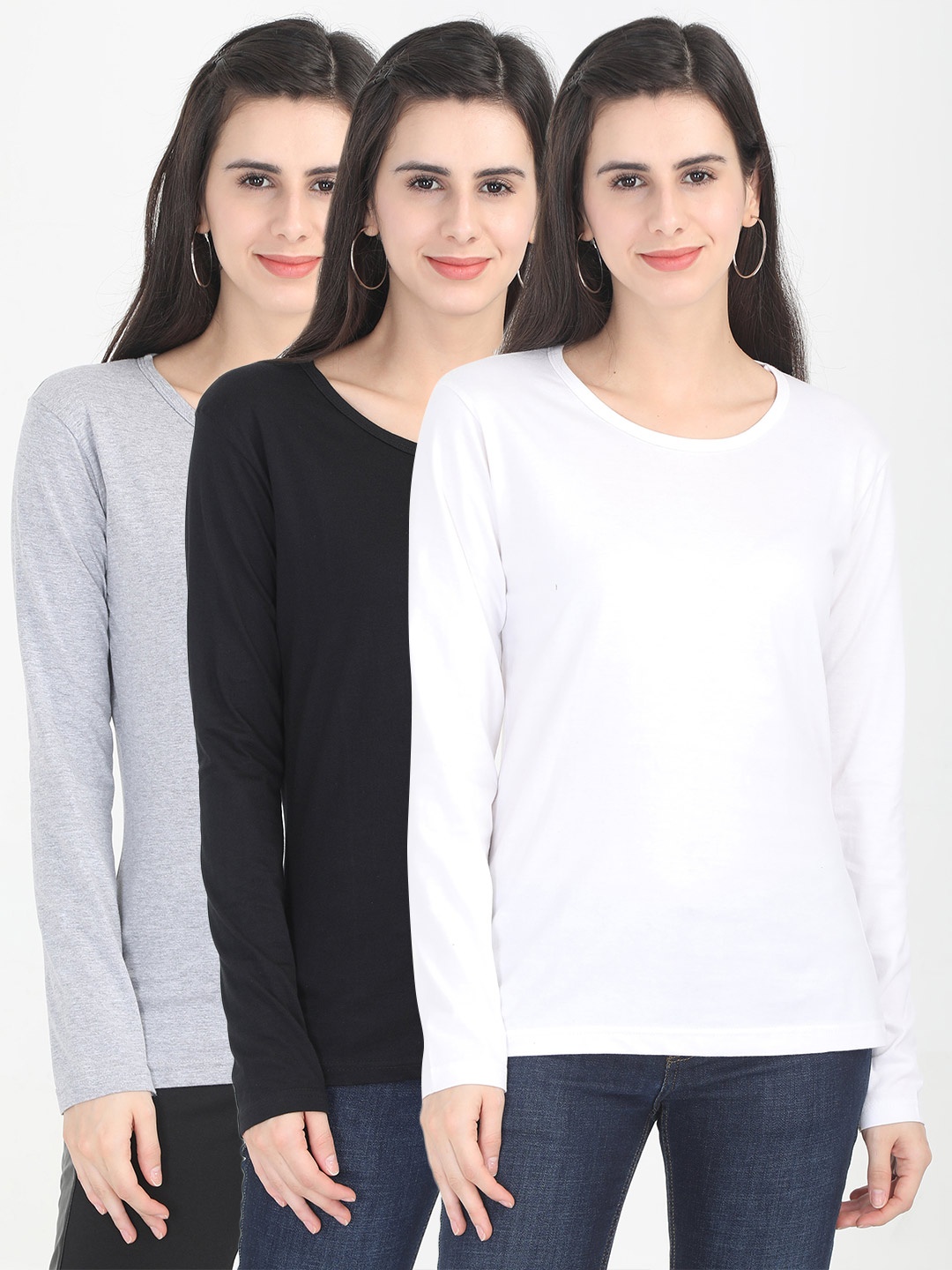

Fleximaa Women White & Black Set Of 3 Cotton T-shirt