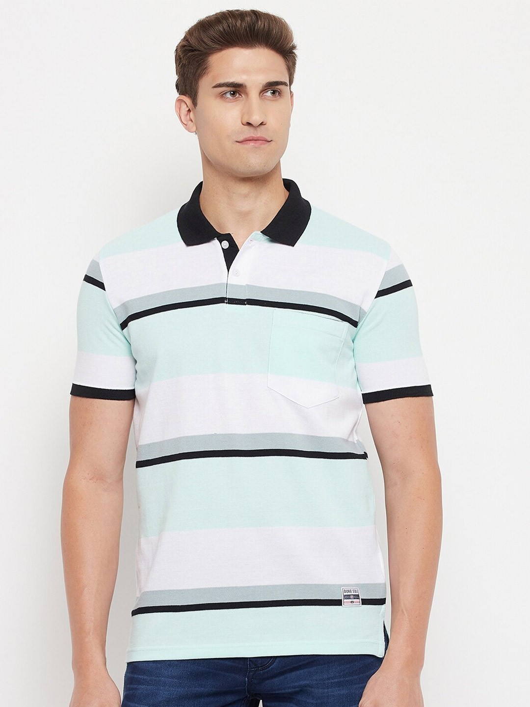 

Duke Men Turquoise Blue & White Striped Polo Collar Cotton T-shirt