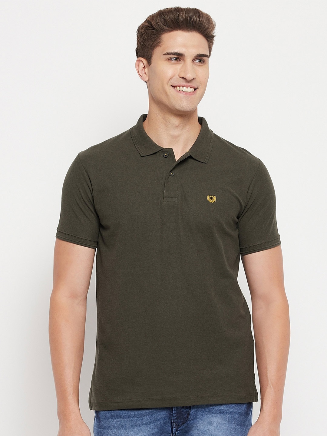 

Duke Men Olive Green Solid Polo Collar Slim Fit T-shirt