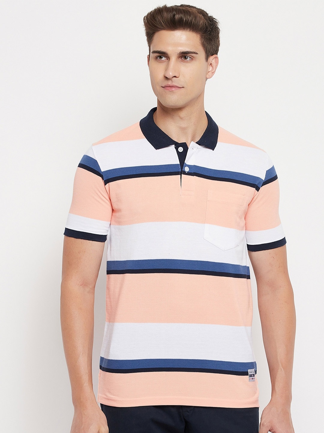 

Duke Men Peach-Coloured & White Striped Polo Collar T-shirt