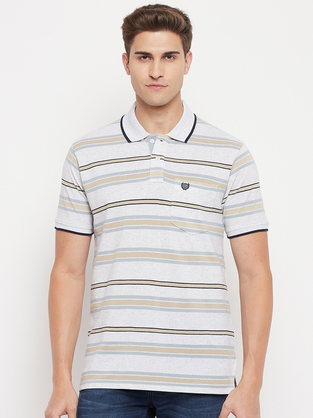

Duke Men Grey Striped Polo Collar Cotton T-shirt