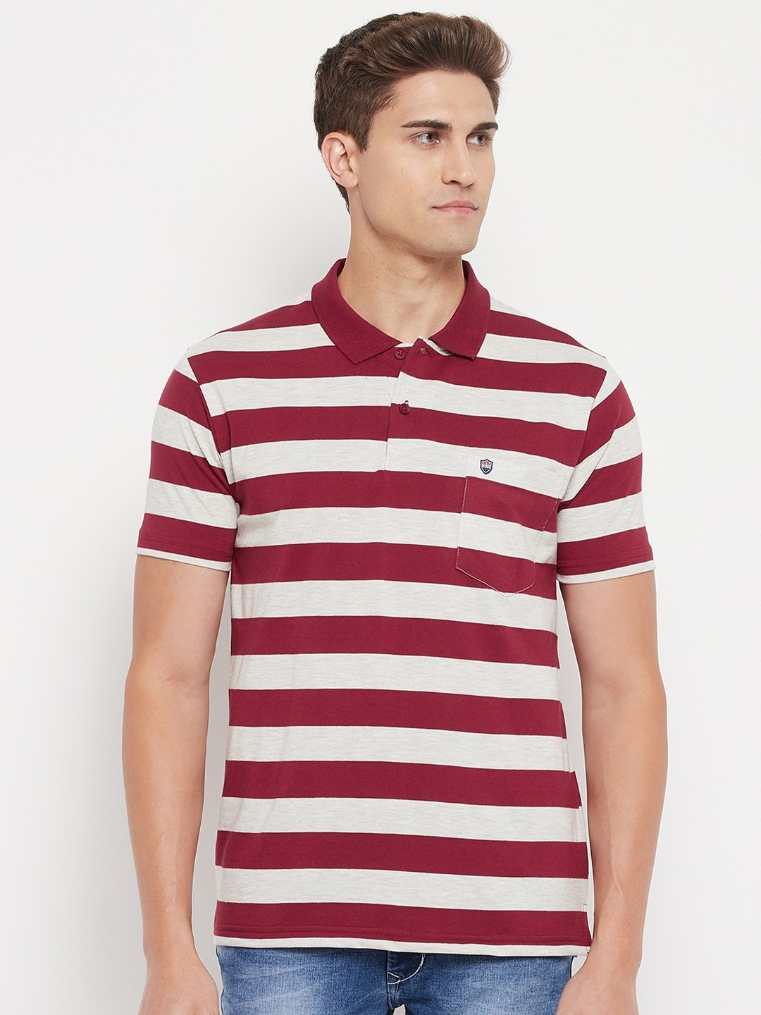 

Duke Men Maroon & White Striped Polo Collar Cotton T-shirt