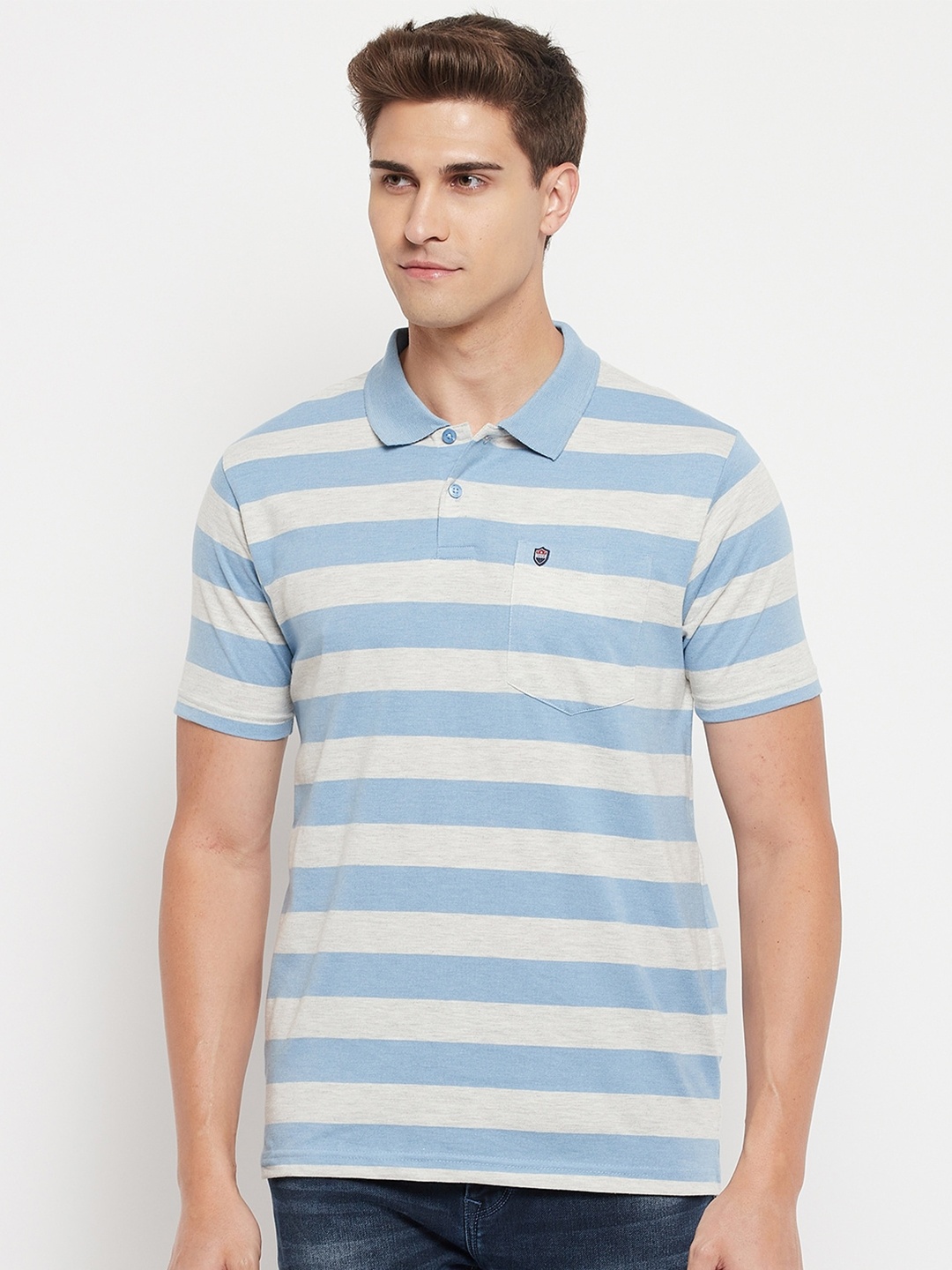 

Duke Men Blue Striped Polo Collar T-shirt