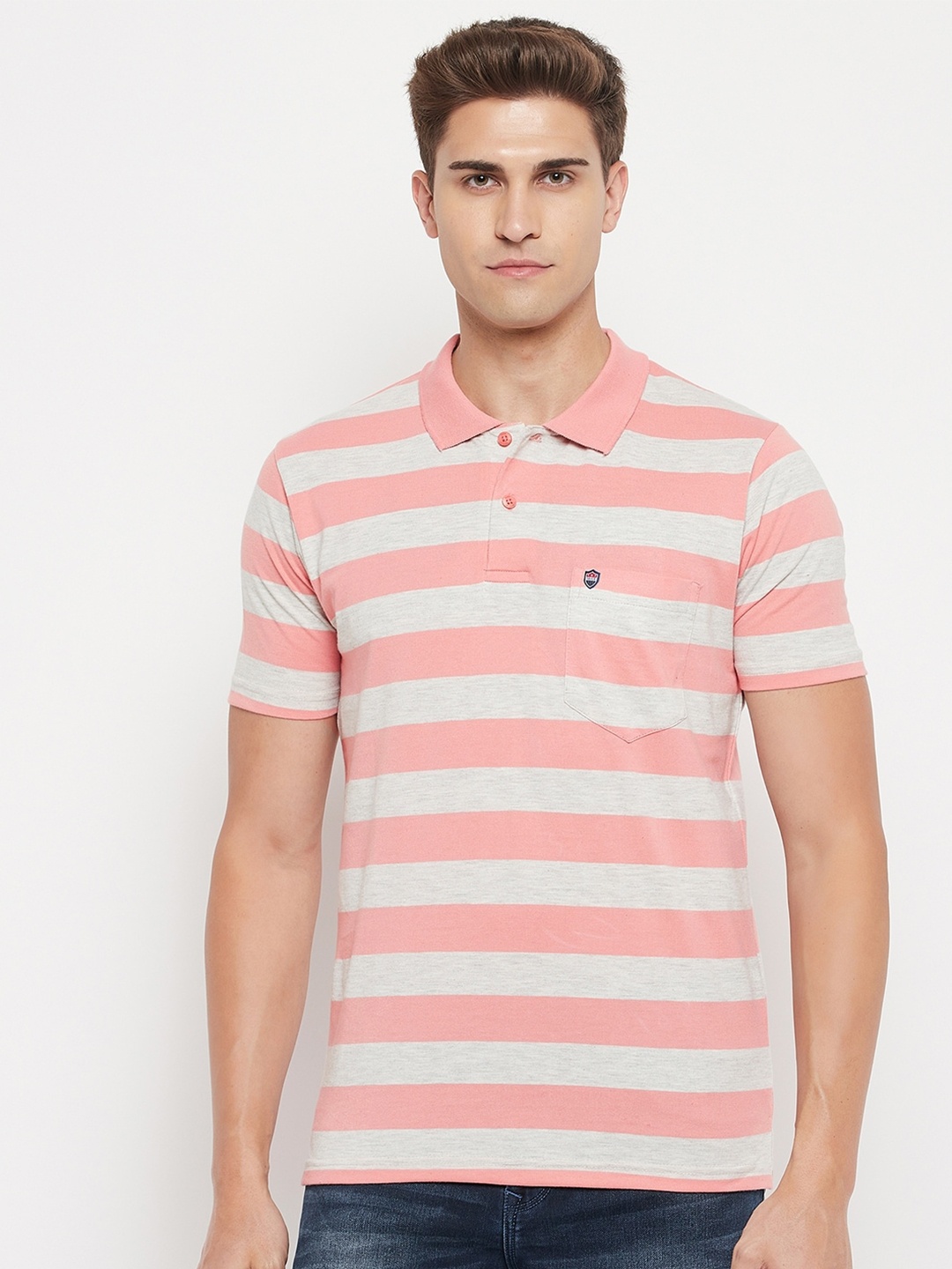 

Duke Men Pink & White Striped Polo Collar T-shirt