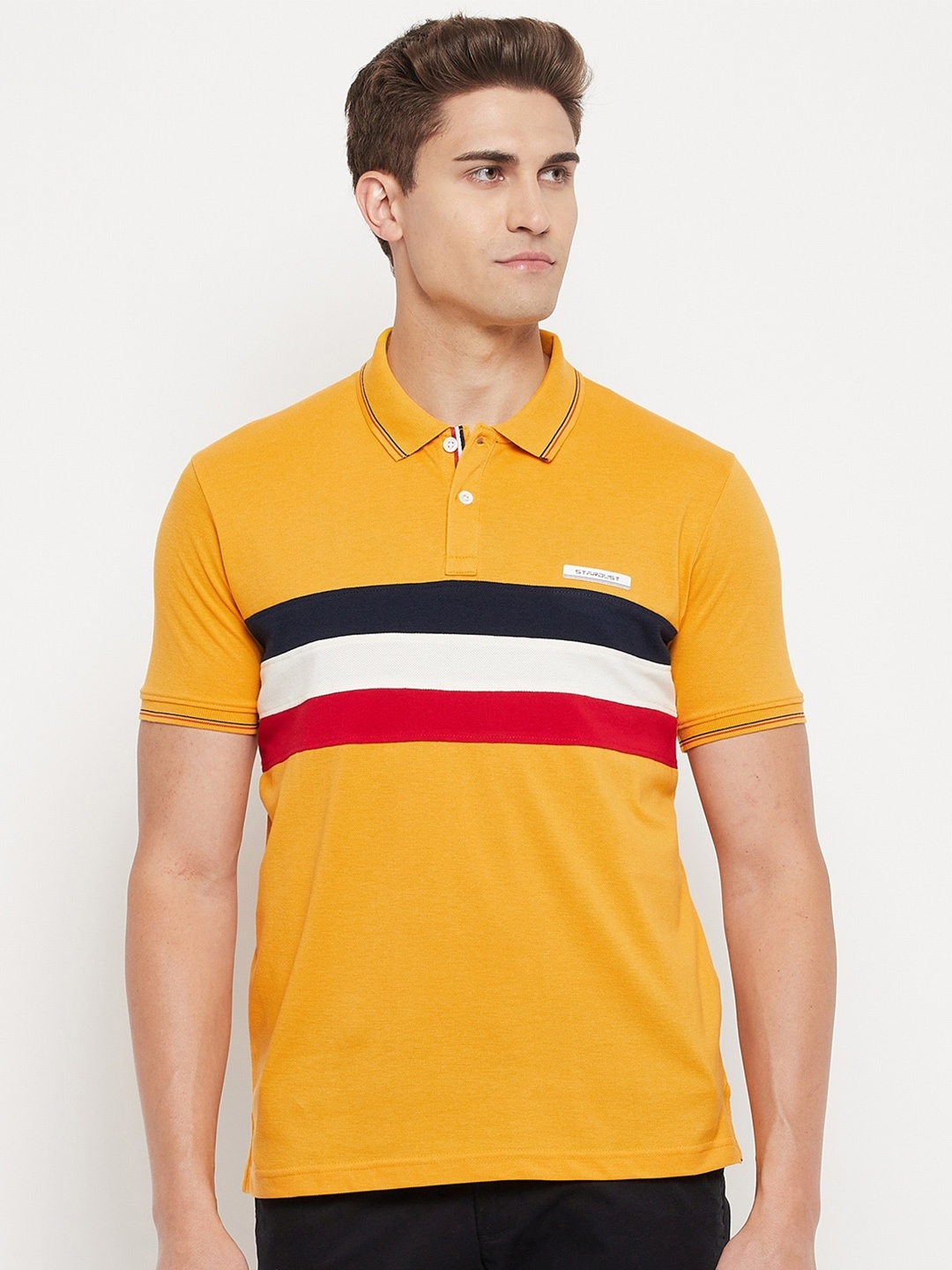 

Duke Men Yellow Striped Polo Collar Cotton Slim Fit T-shirt