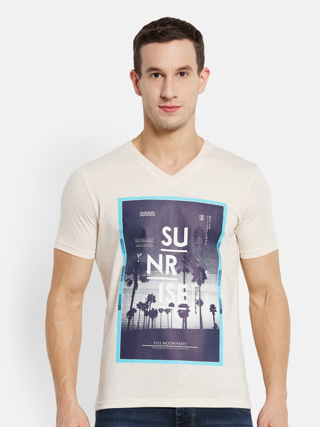 

Duke Men Beige Printed V-Neck Slim Fit Cotton T-shirt