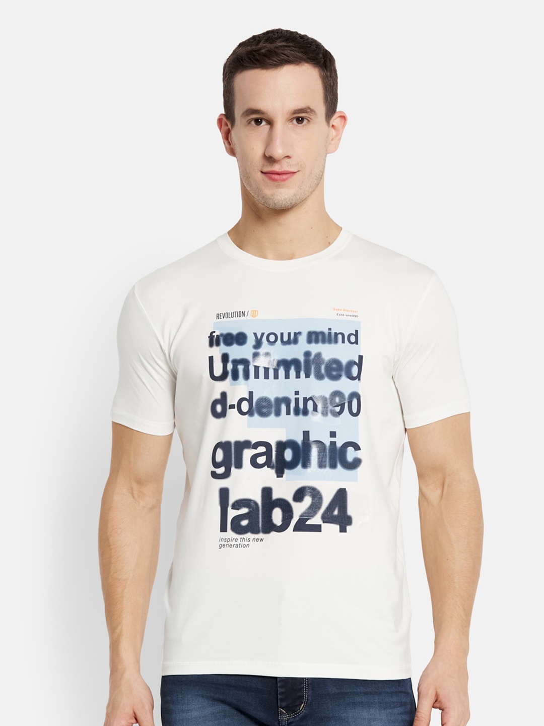 

Duke Men White & Navy Blue Typography Printed Cotton Slim Fit T-shirt