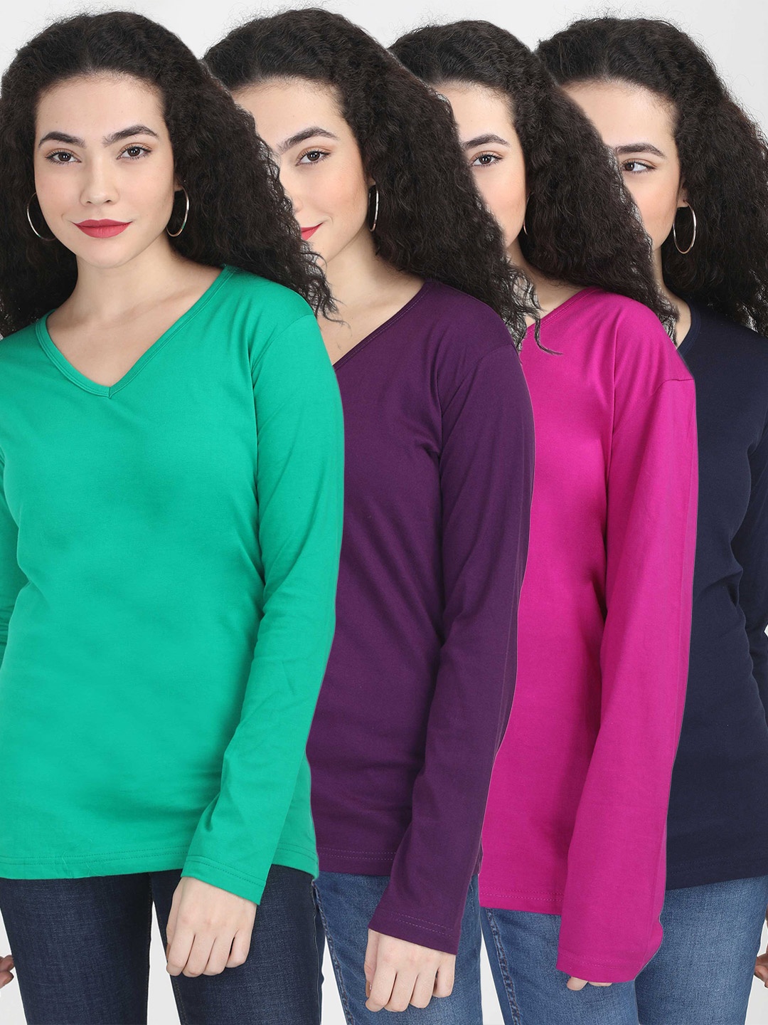 

Fleximaa Women Multicoloured Set Of 4 Cotton V-Neck T-shirt, Multi