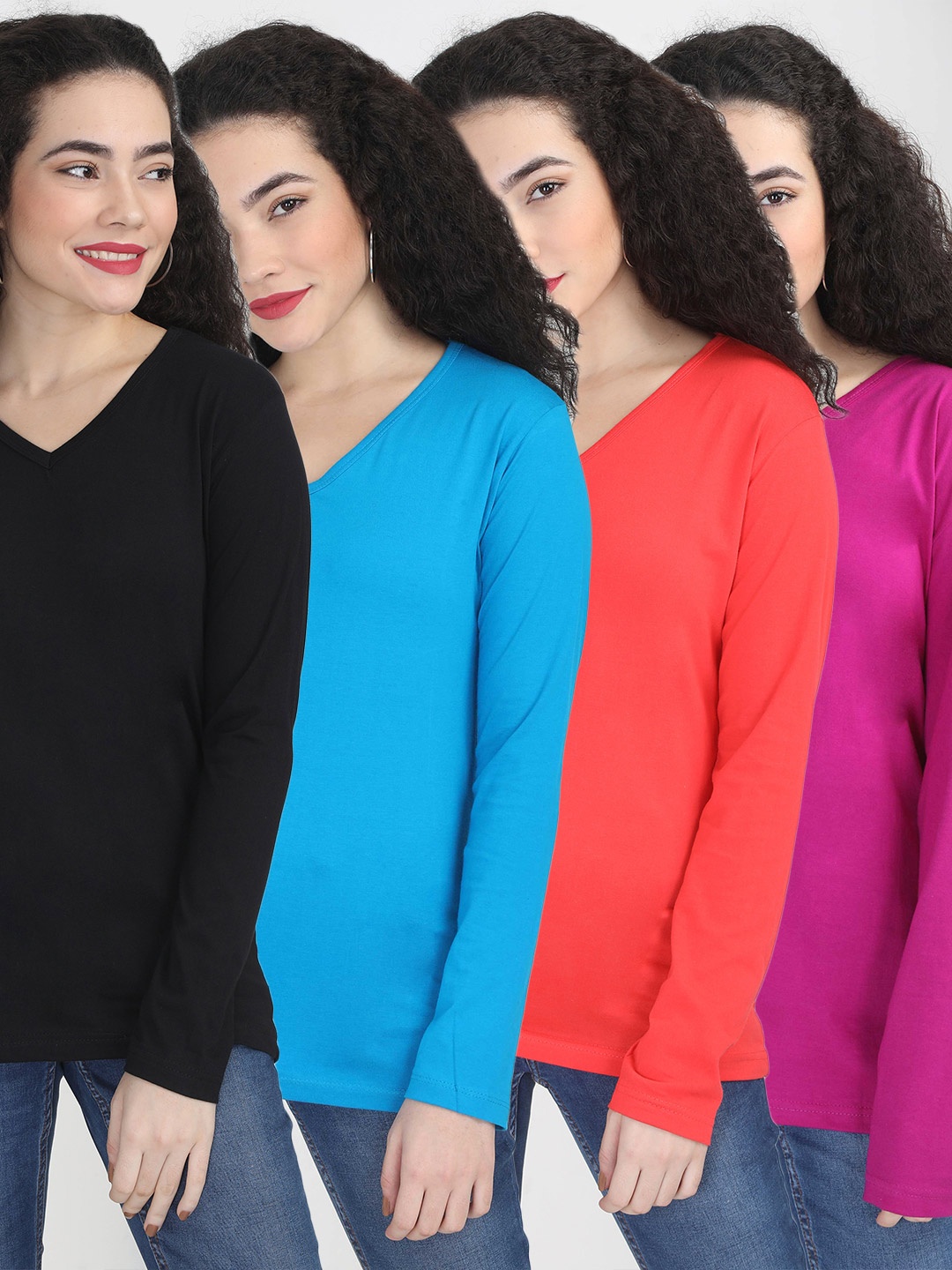 

Fleximaa Women Black & Blue Set Of 4 V-Neck Cotton T-shirt