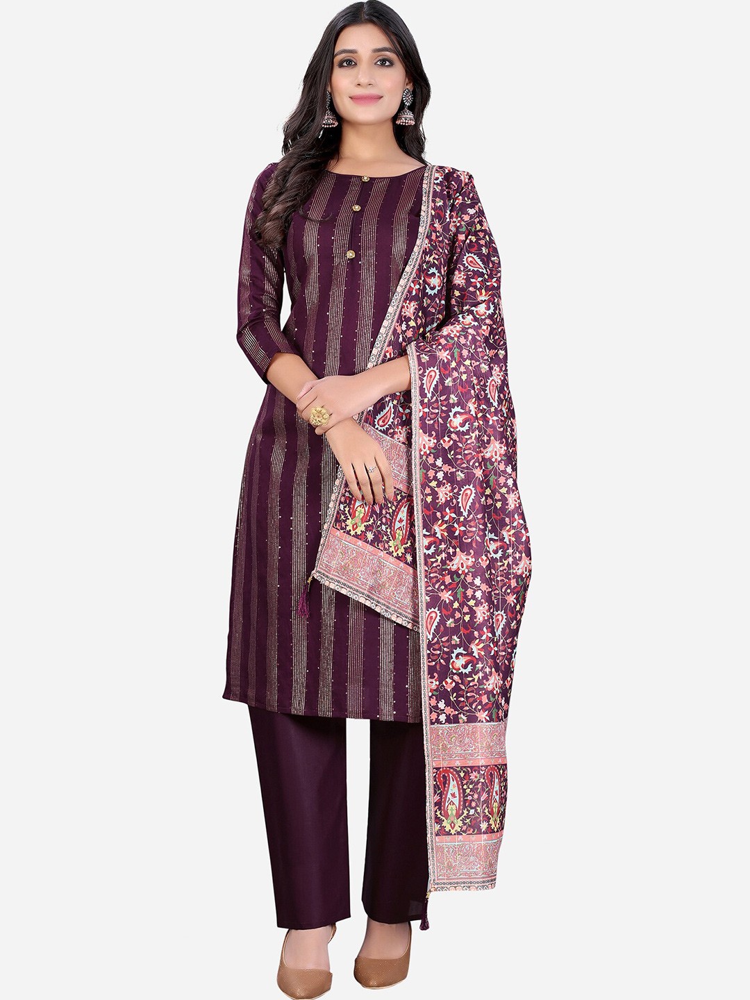 

Satrani Purple & Pink Printed Cotton Unstitched Dress Material