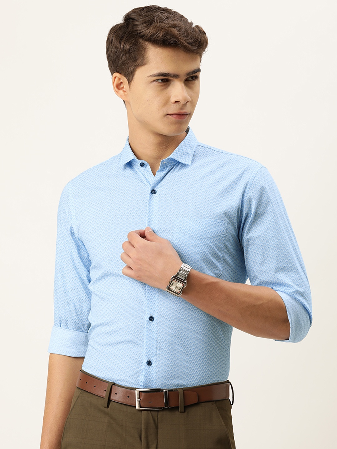

Peter England Men Blue Slim Fit Printed Pure Cotton Formal Shirt