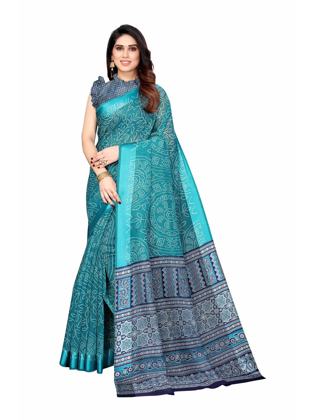 

AADVIKA Green & White Ethnic Motifs Printed Linen Blend Saree
