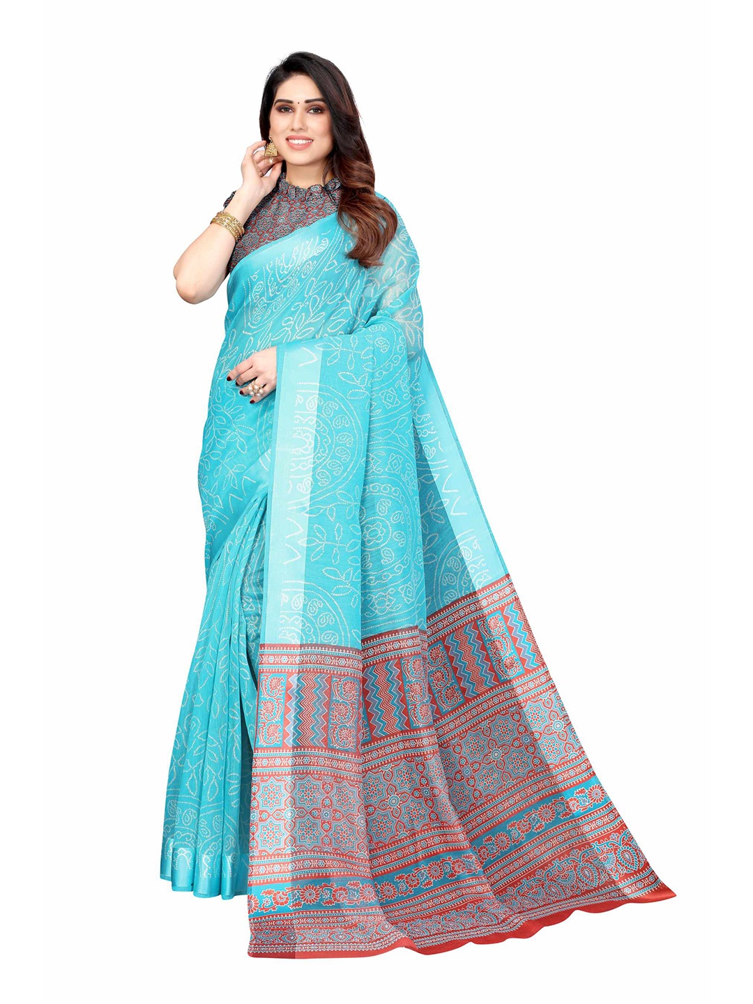 

AADVIKA Blue & Red Floral Linen Blend Saree