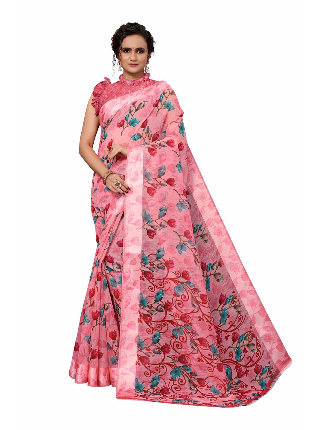 

AADVIKA Pink & Blue Floral Linen Blend Saree
