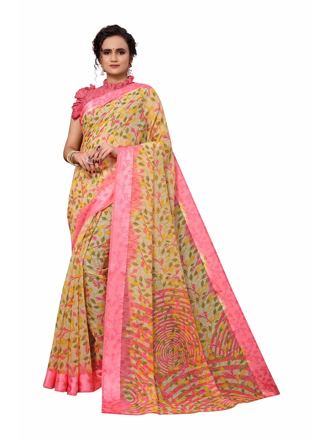 

AADVIKA Beige & Green Floral Printed Linen Blend Saree