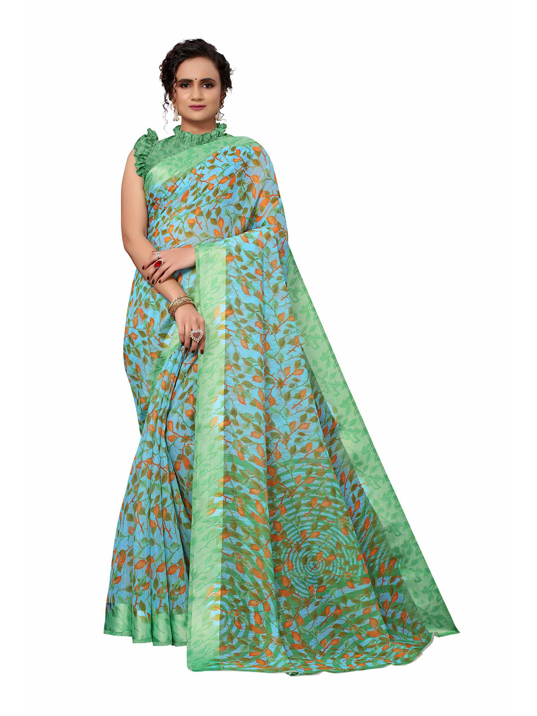 

AADVIKA Green & Blue Floral Printed Saree