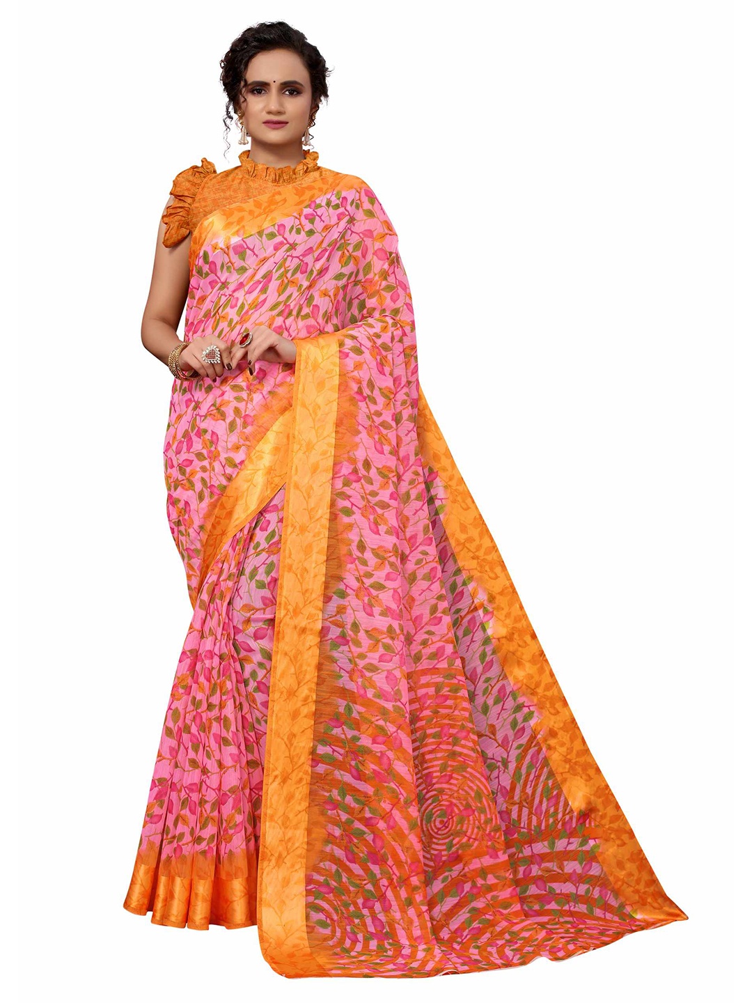 

AADVIKA Pink & Orange Floral Printed Linen Blend Saree