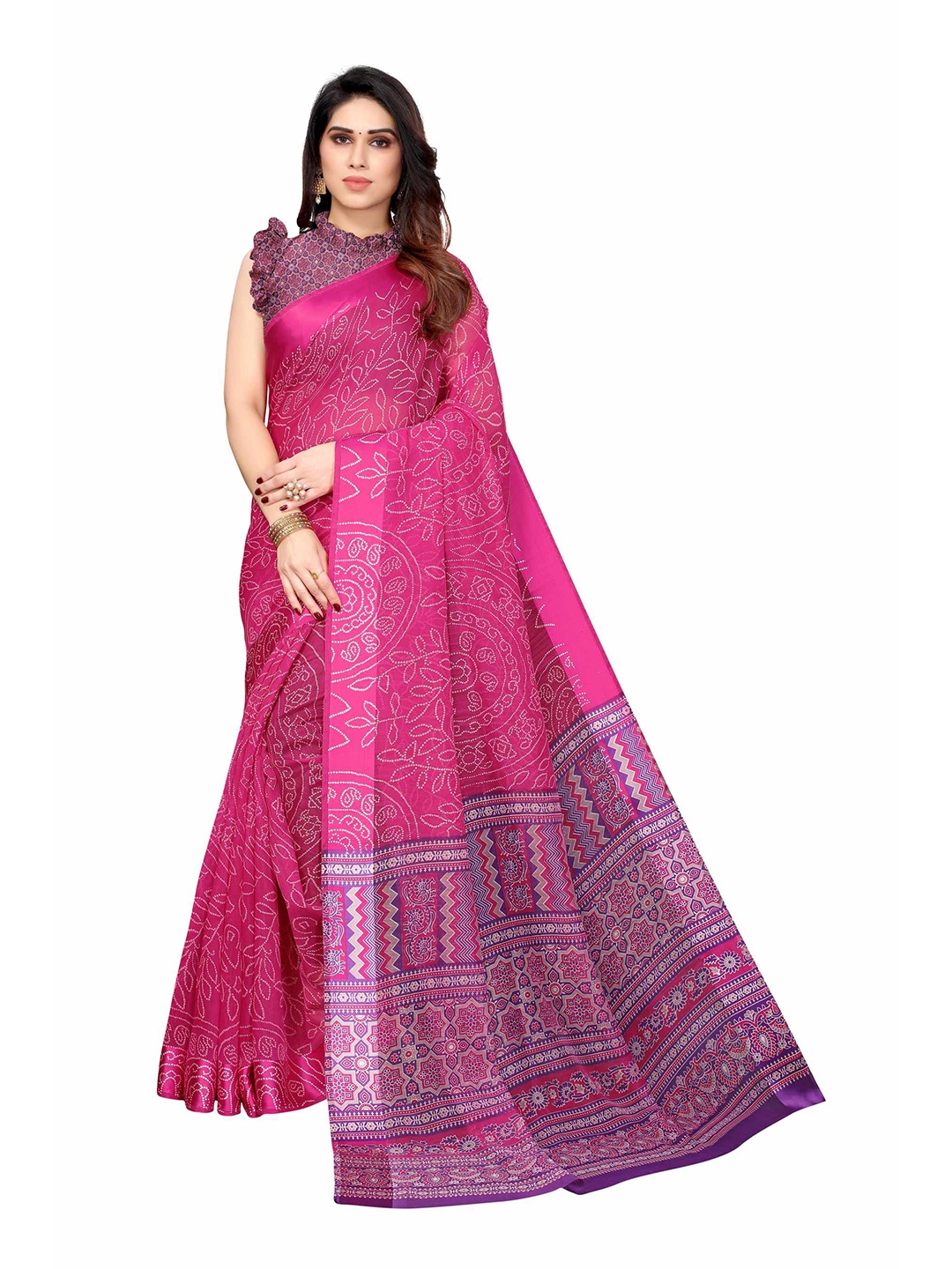 

AADVIKA Pink & Violet Bandhani Linen Blend Saree