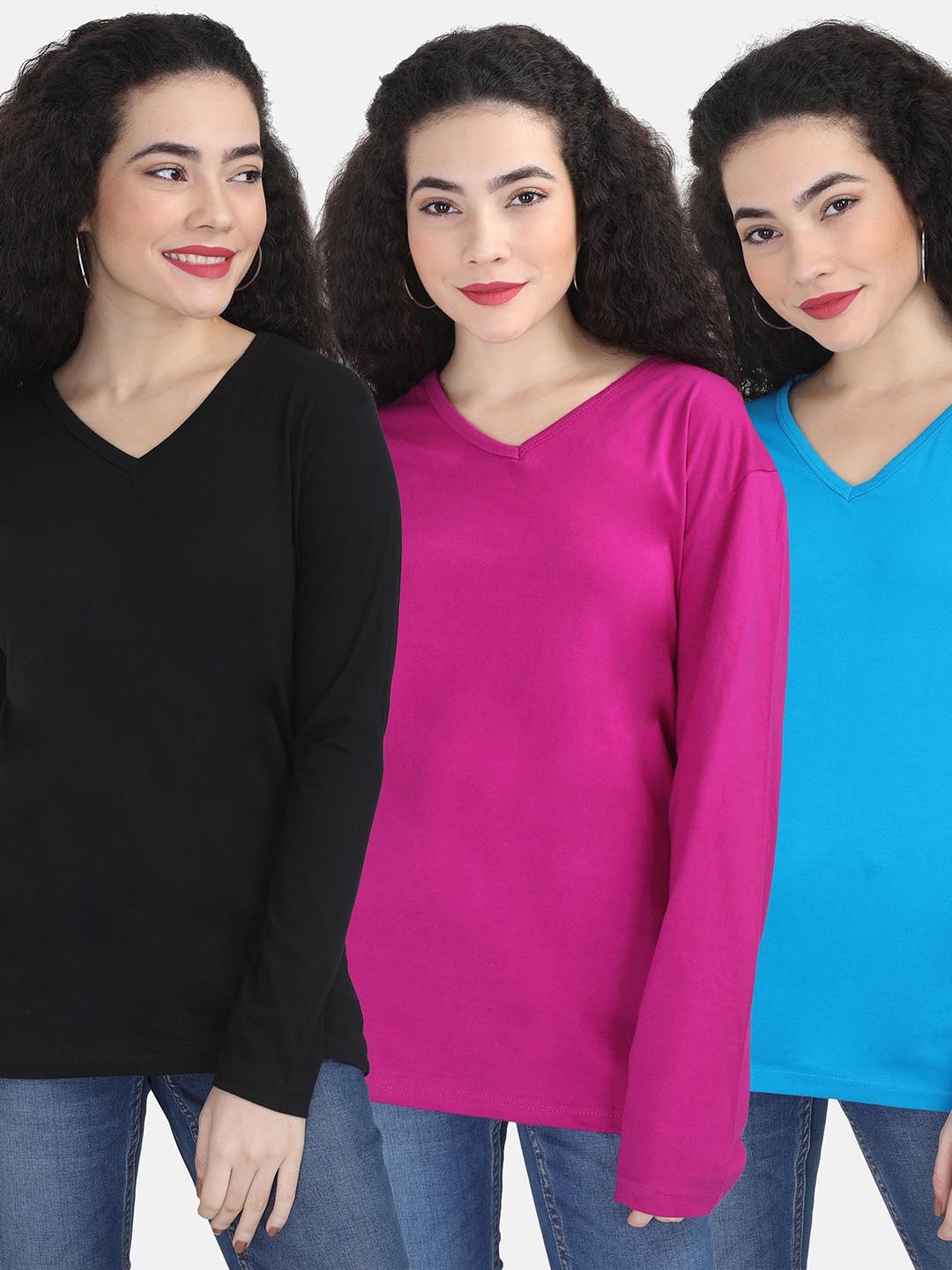 

Fleximaa Women Set Of 3 Cotton V-Neck T-shirt, Blue