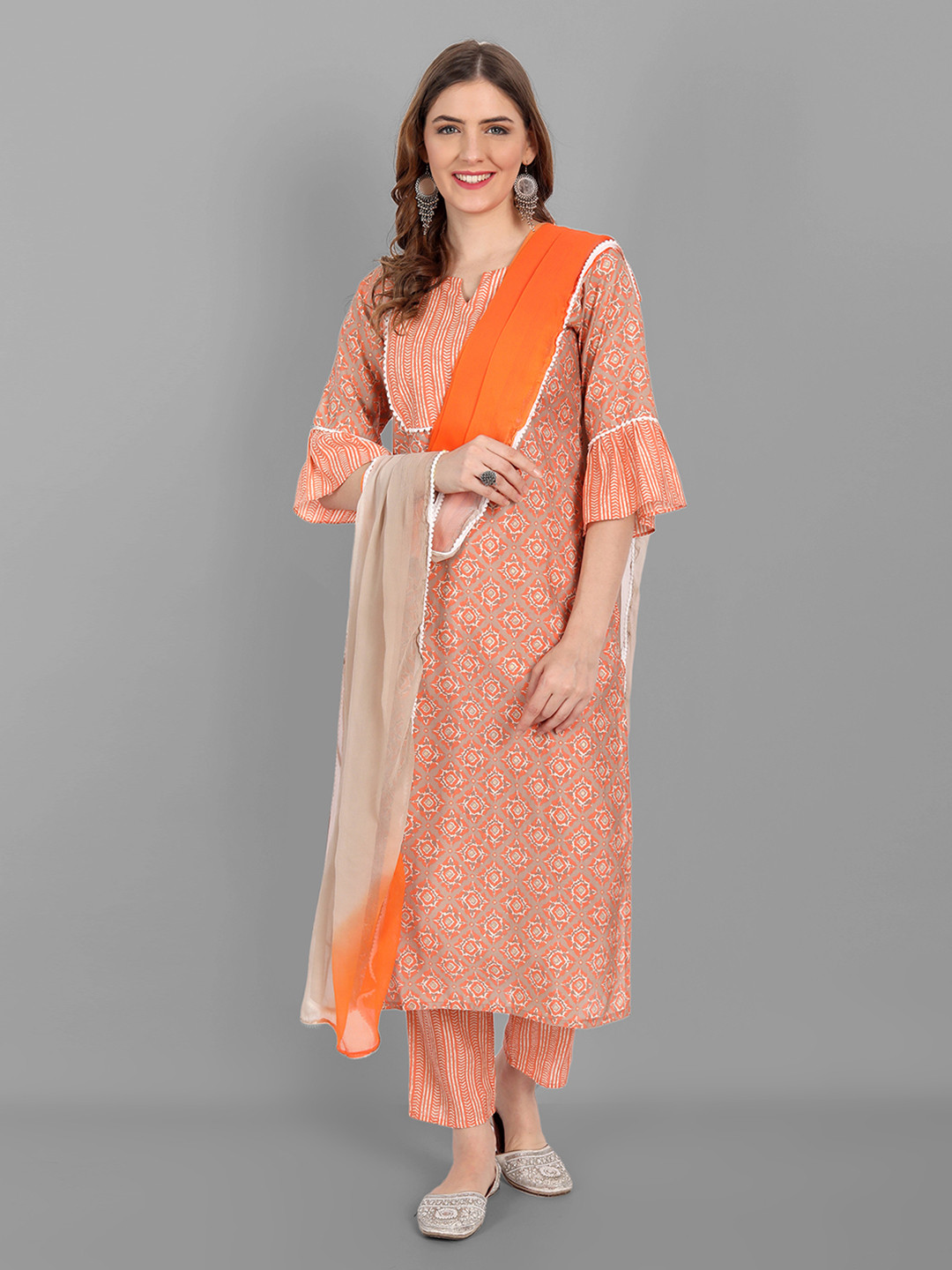 

V TRADITION Women Orange Ethnic Motifs Printed Panelled Patchwork Kurta with Trousers & With Dupatta