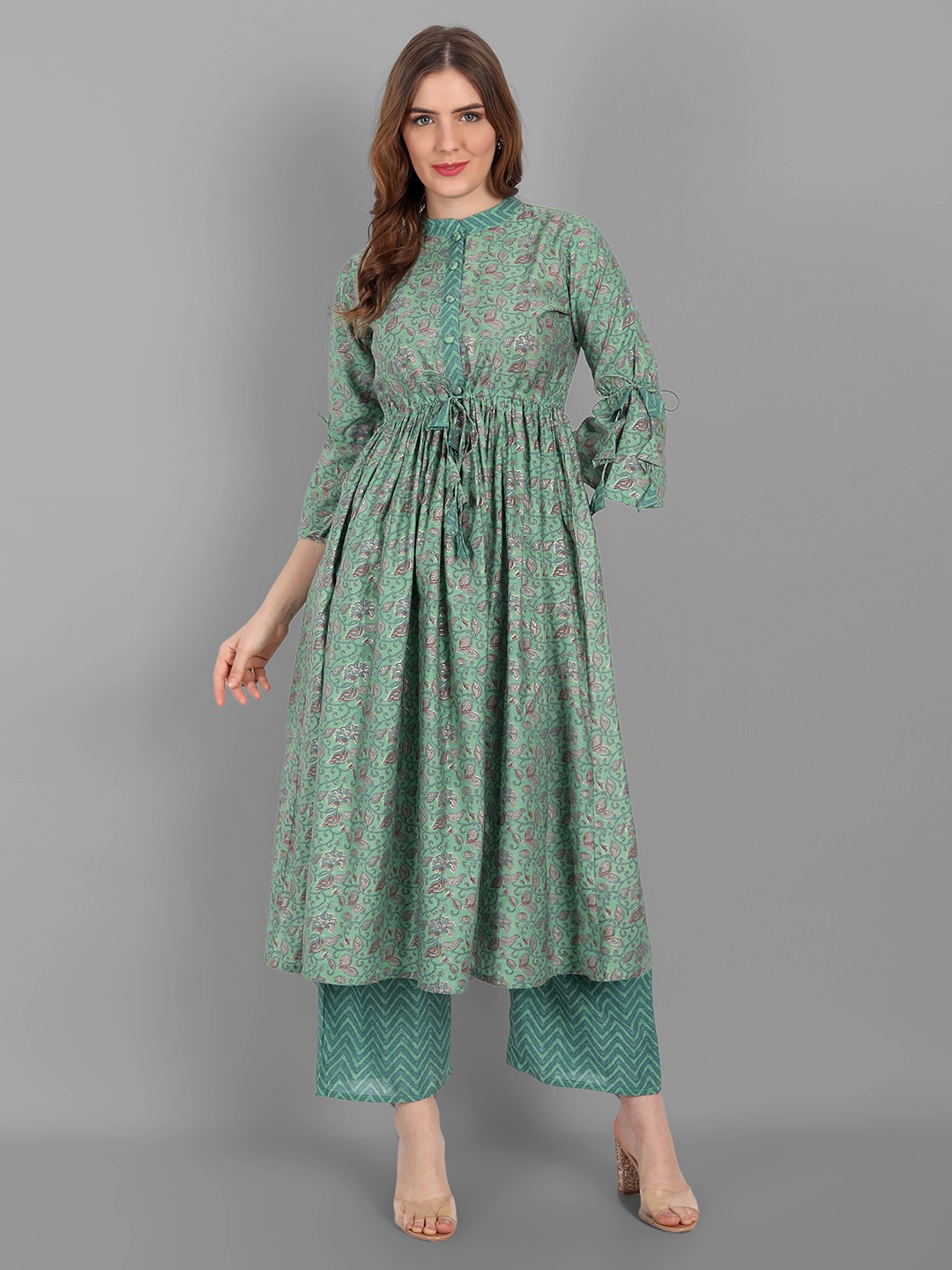

V TRADITION Women Green Ethnic Motifs Printed Pleated Kurta with Palazzos