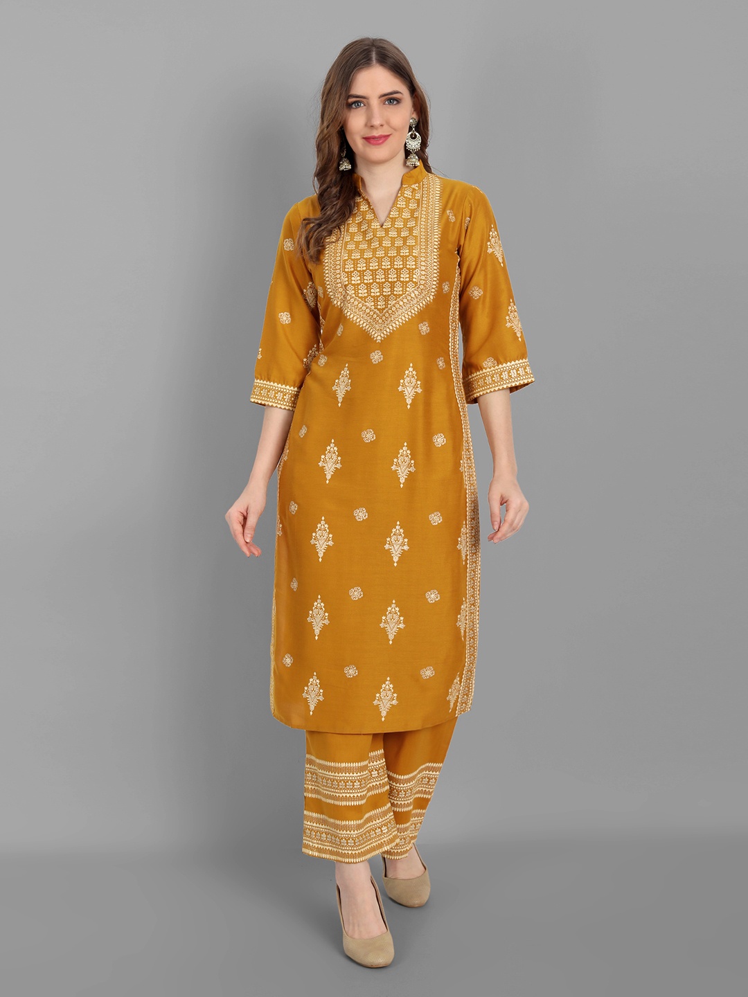 

V TRADITION Women Yellow Ethnic Motifs Printed Kurta with Palazzos