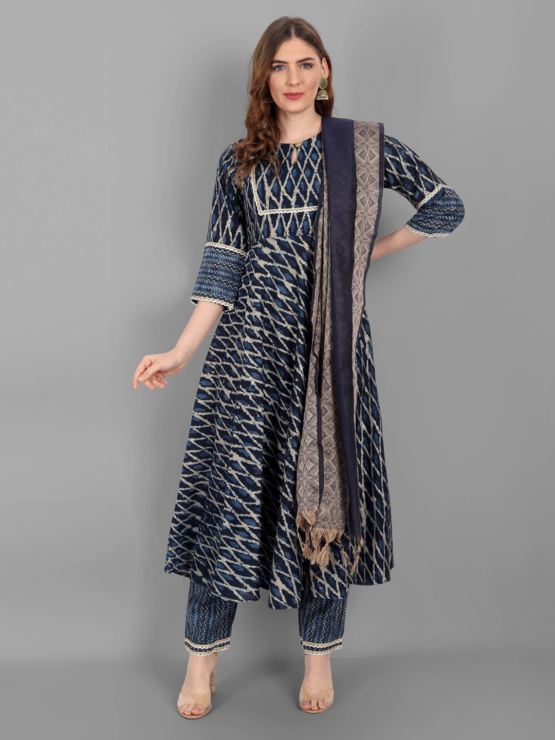 

V TRADITION Women Blue Pleated Gotta Patti Kurta with Trousers & With Dupatta