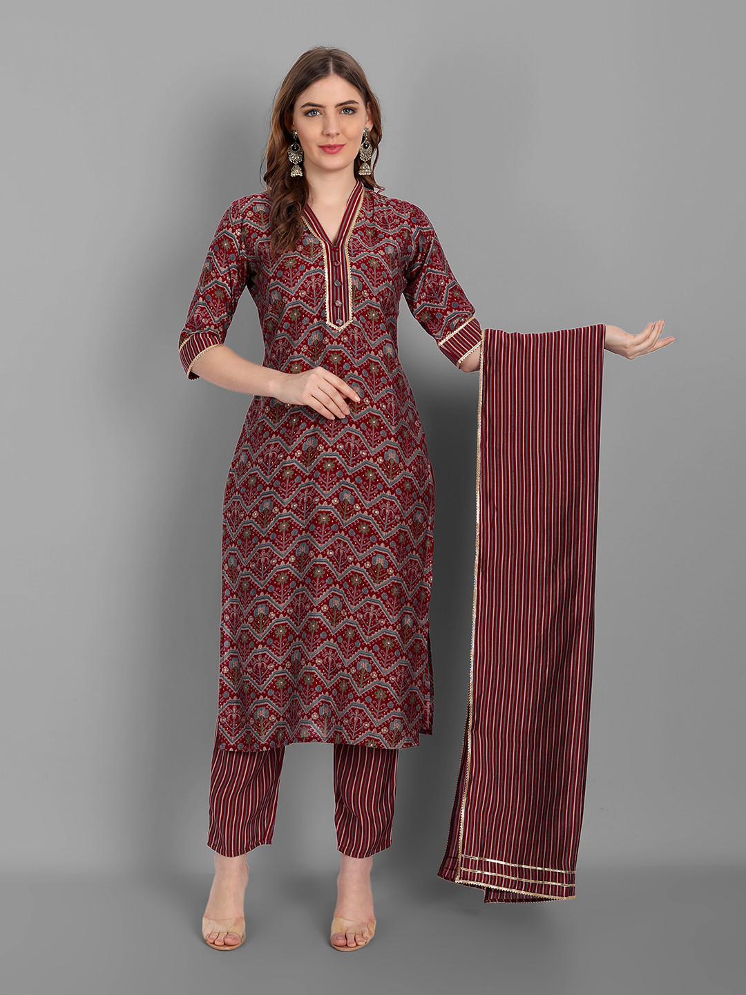 

V TRADITION Women Red Ethnic Motifs Printed Gotta Patti Kurta with Trousers & With Dupatta