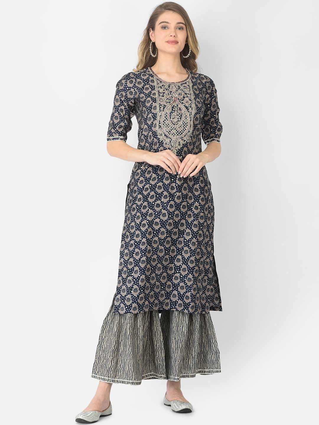 

V TRADITION Women Blue Ethnic Motifs Printed Kurta with Palazzos