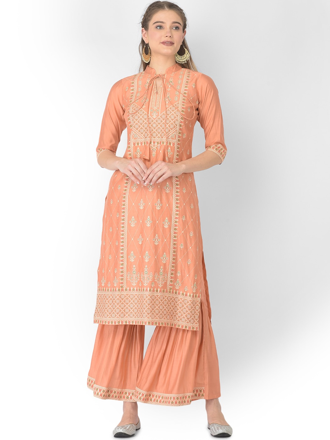 

V TRADITION Women Peach-Coloured Ethnic Motifs Embroidered Kurta with Palazzos