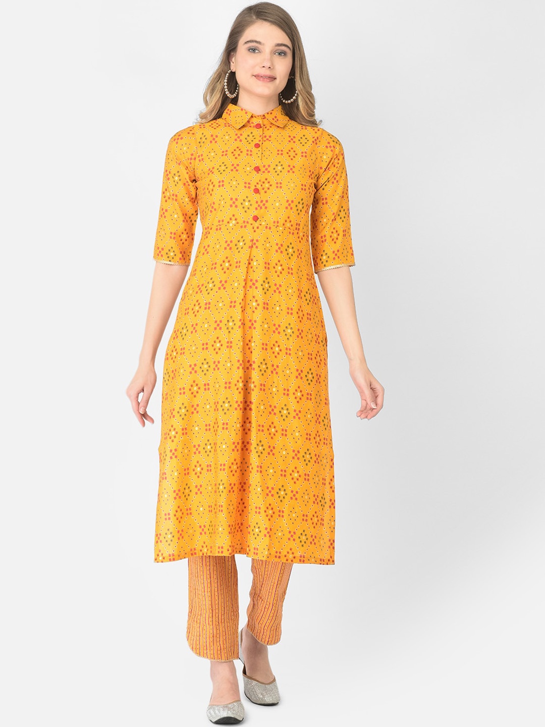 

V TRADITION Women Yellow Printed Pleated Gotta Patti Kurti with Trousers